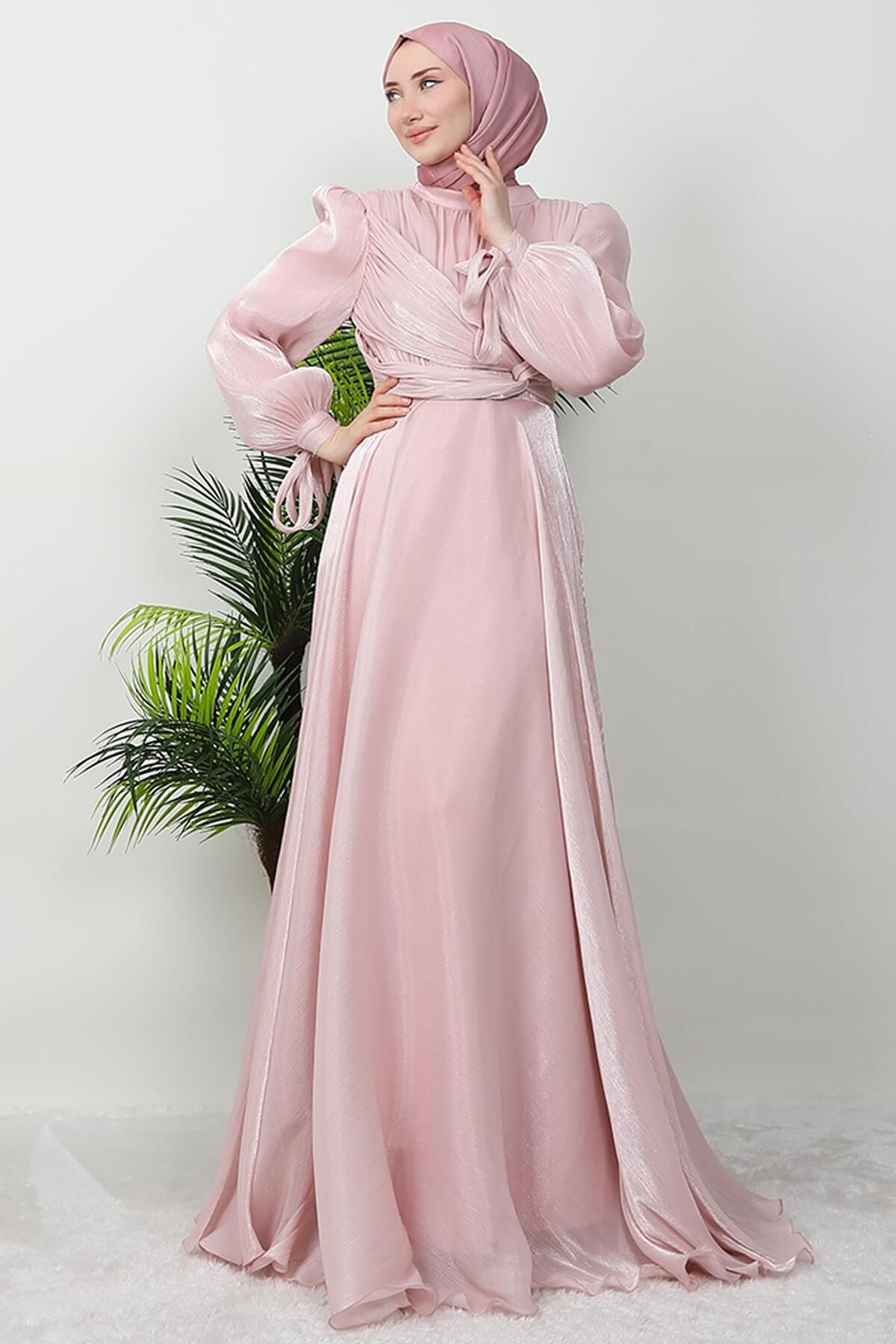 GİYZAMİLA-Lily Silk Evening Dress Powder 1