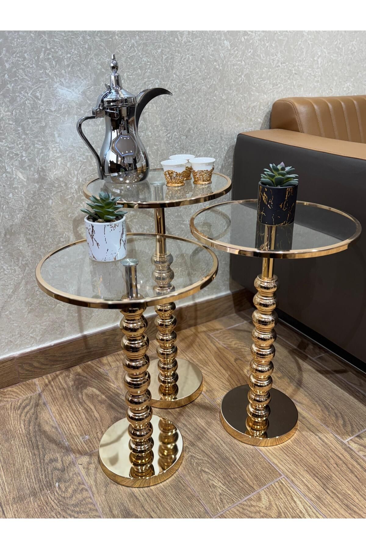 Living-3-piece glass service table set with golden steel bases 3