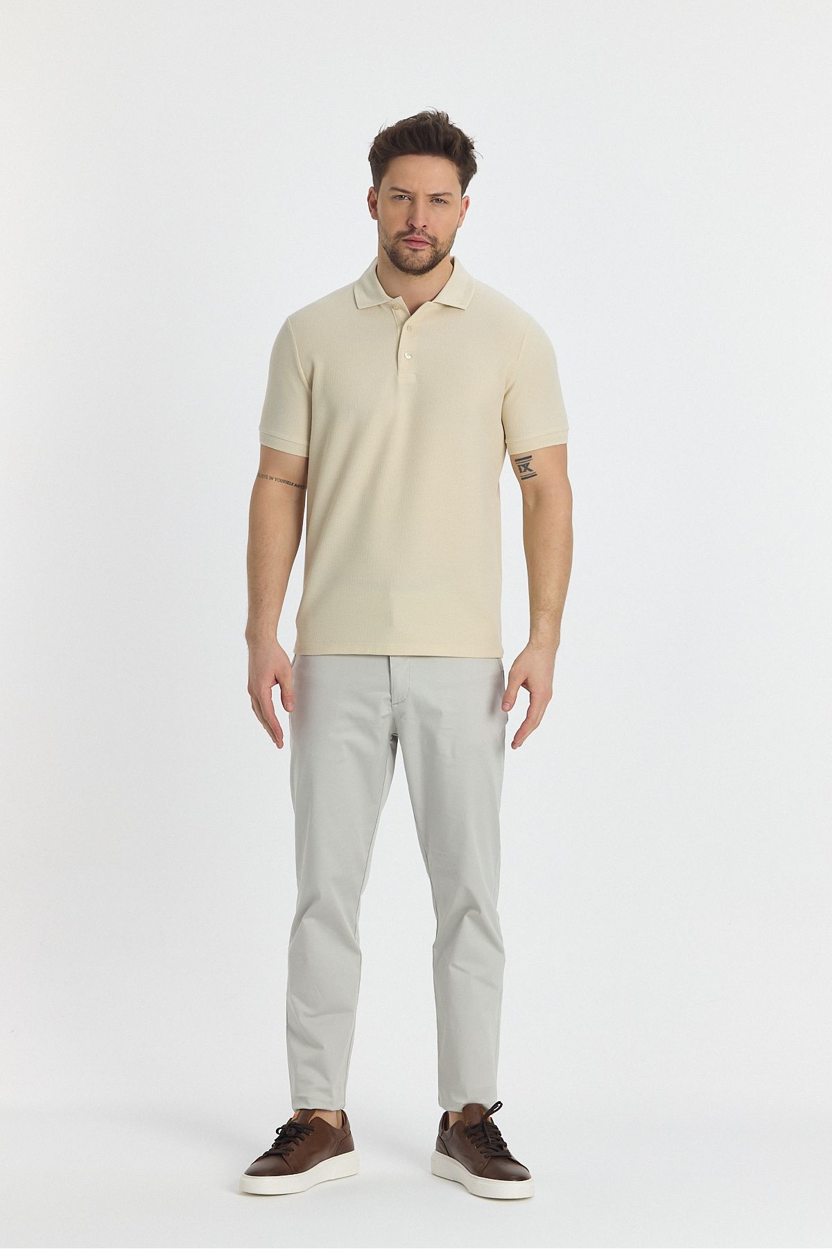 Frappoli-Walfer Men's Polo Neck T-Shirt - Light Beige, Lycra Cotton, Lapel Detail, Slim Fit, No Curl 6