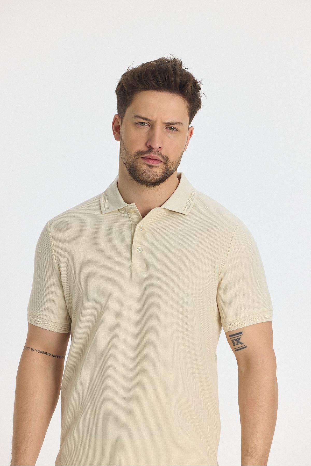 Frappoli-Walfer Men's Polo Neck T-Shirt - Light Beige, Lycra Cotton, Lapel Detail, Slim Fit, No Curl 2