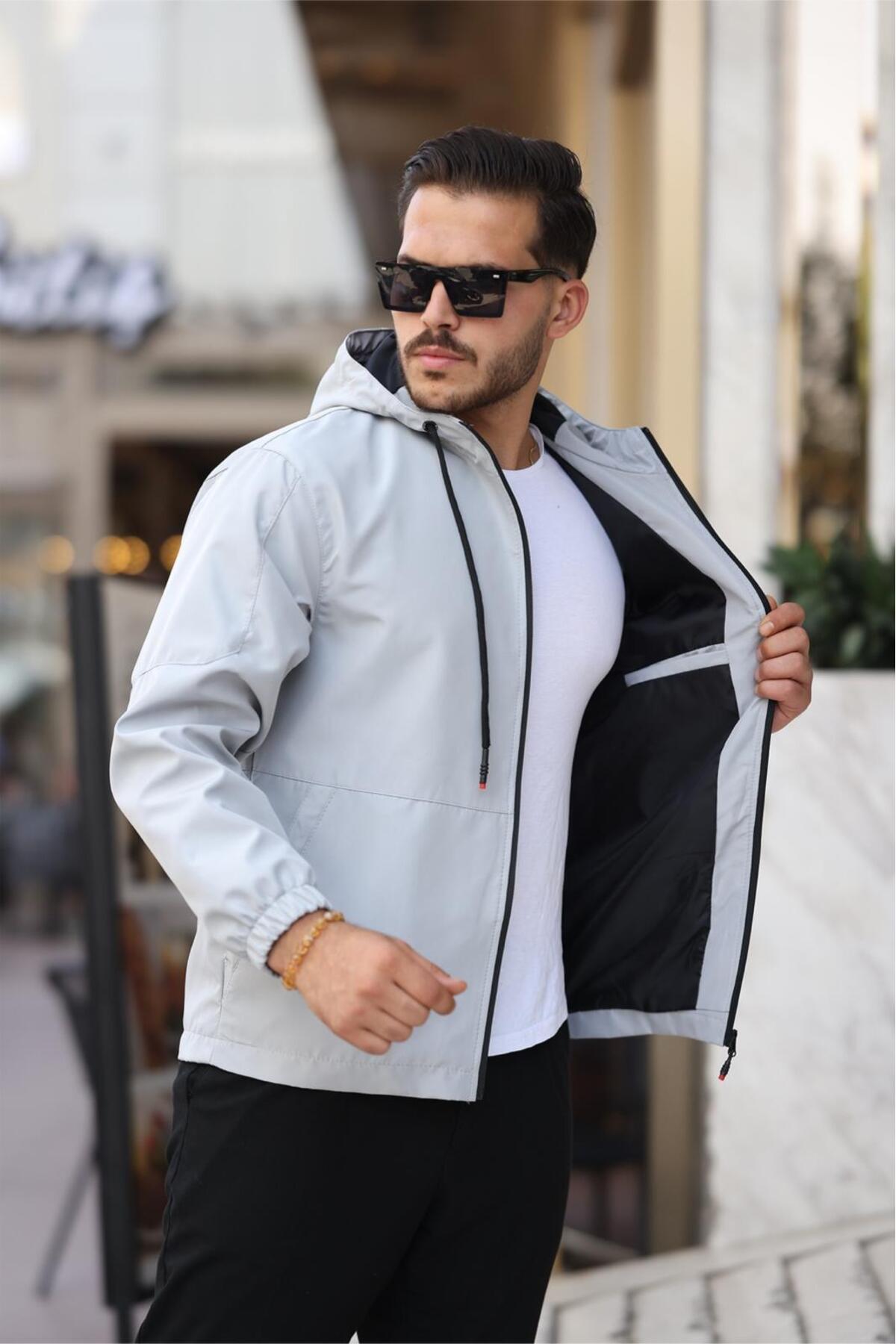 Rotta Fermuar Detaylı Cepli Su İtici Slim Fit Erkek Yağmurluk Mont — خاکستری bll1743em — تصویر 2 از 4