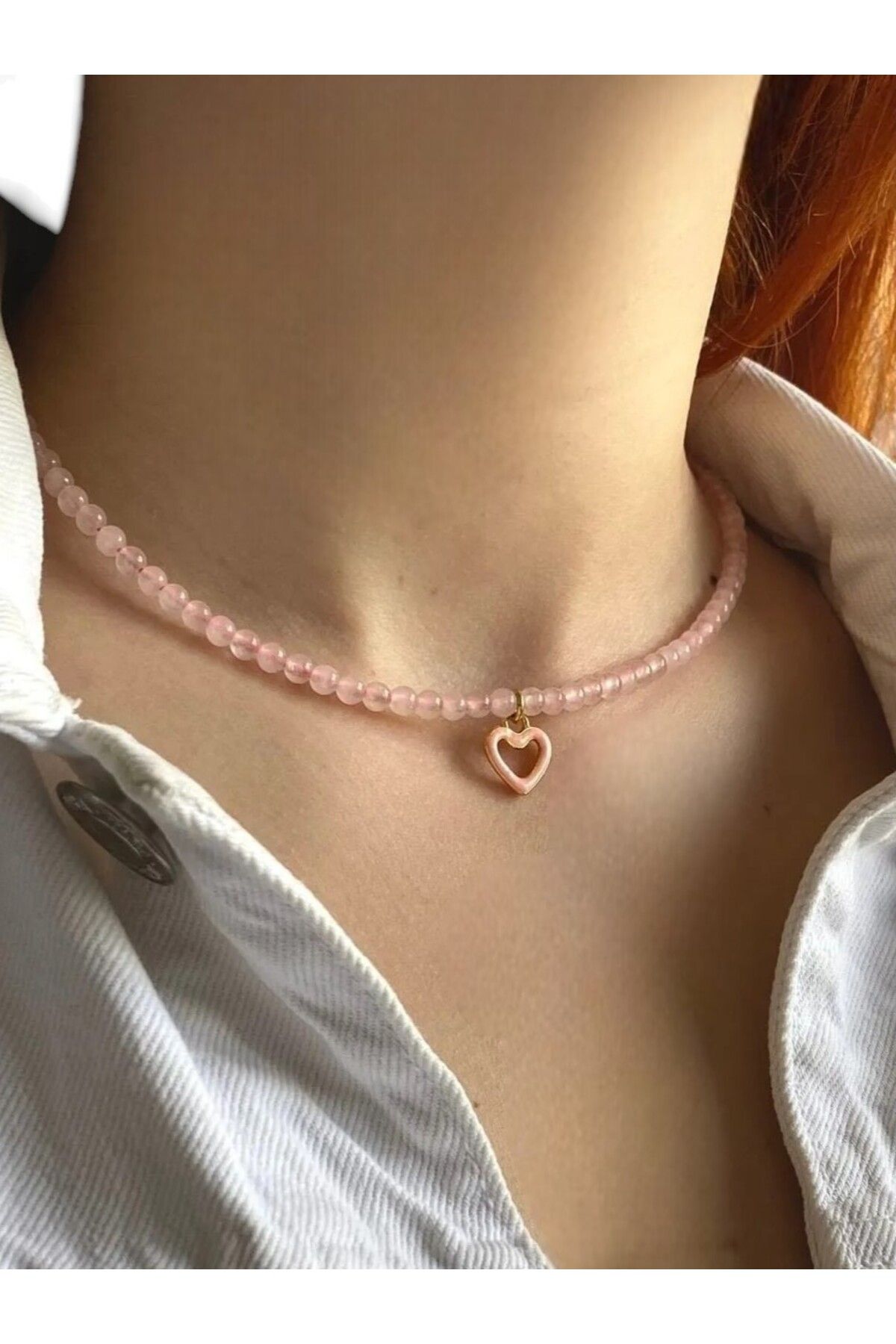 By Saadet Özkanlı-Pink Natural Stone Quartz Women's Necklace - Thin Heart Choker Design 2