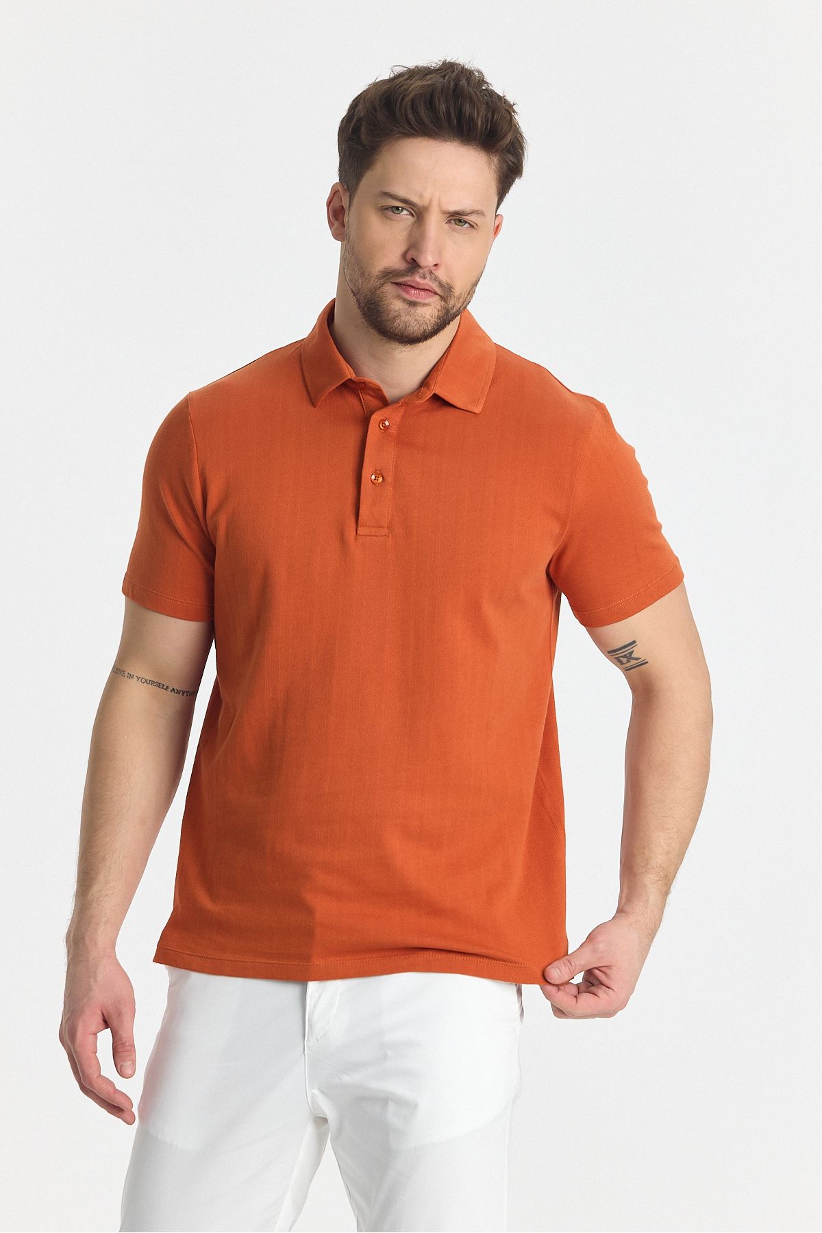 Frappoli-Luceroo Men's Orange 100% Cotton Non-Shrink Fabric Slim Fit Slim Fit Polo Neck T-Shirt 3