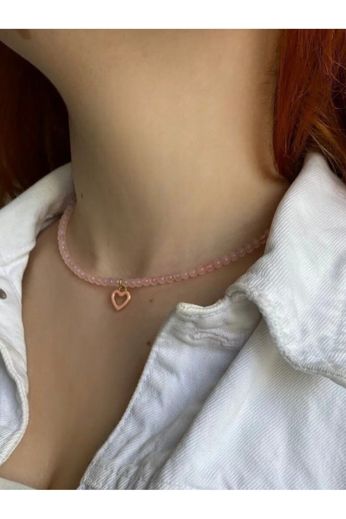 By Saadet Özkanlı-Pink Natural Stone Quartz Women's Necklace - Thin Heart Choker Design 3