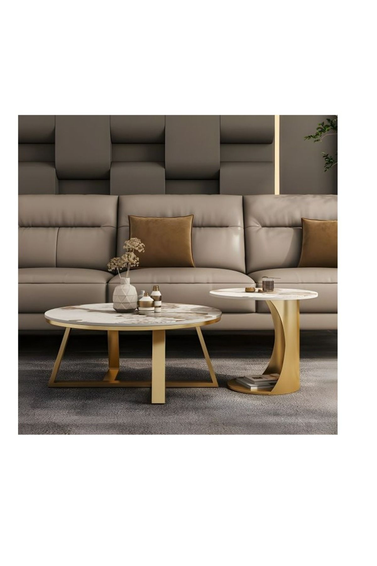 Generic-2-piece coffee table set 80_40-80cm iron, marble wood and MDF - gold and white 1