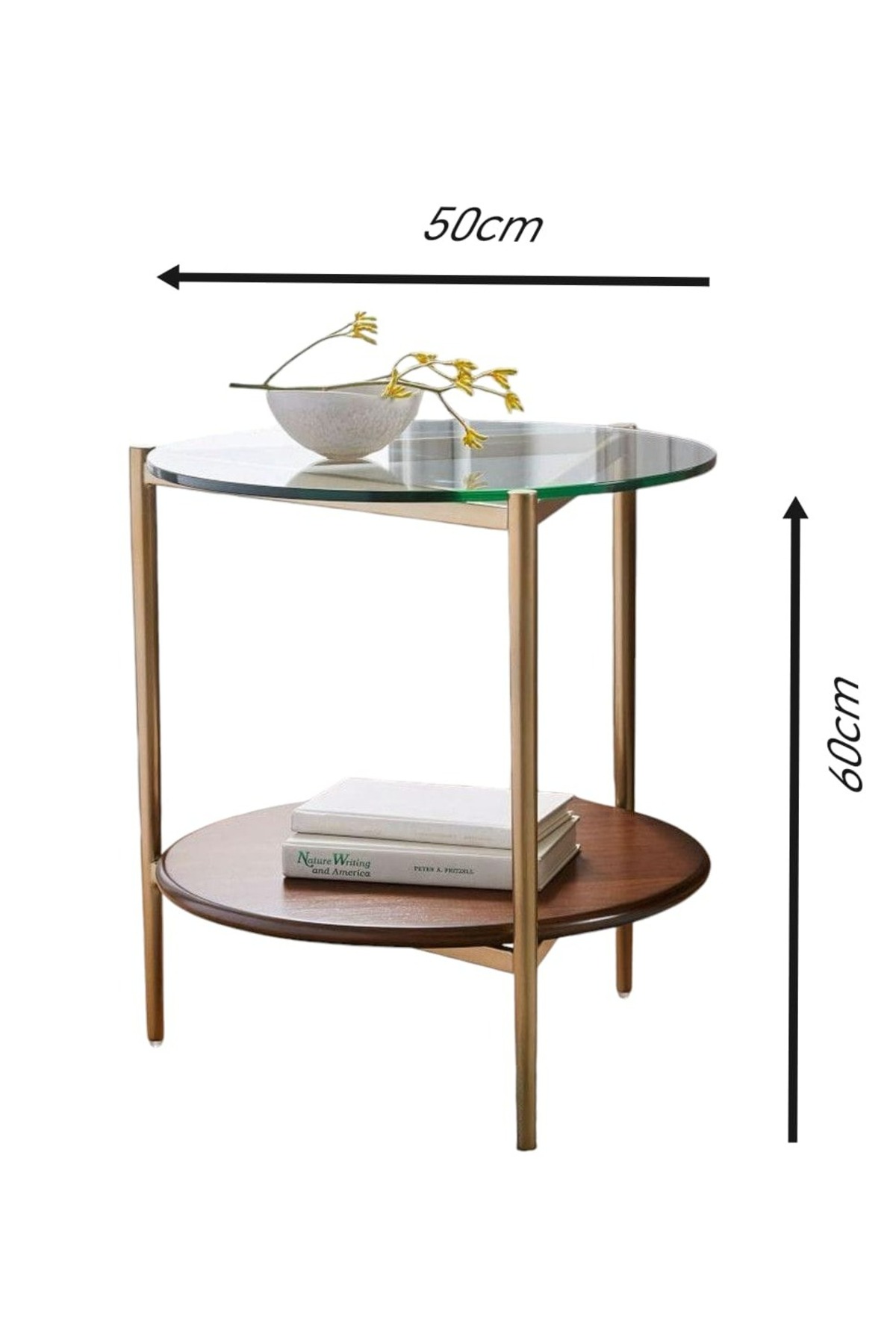 طاولة جانبية معدن وزجاج وخشب ام دي اف ذهبي وبني - 50×50×60 سم