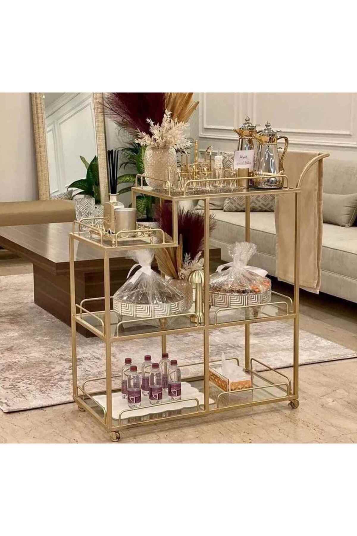 عربة تقديم حديد وزجاج ذهبي - 80×30×90 سم