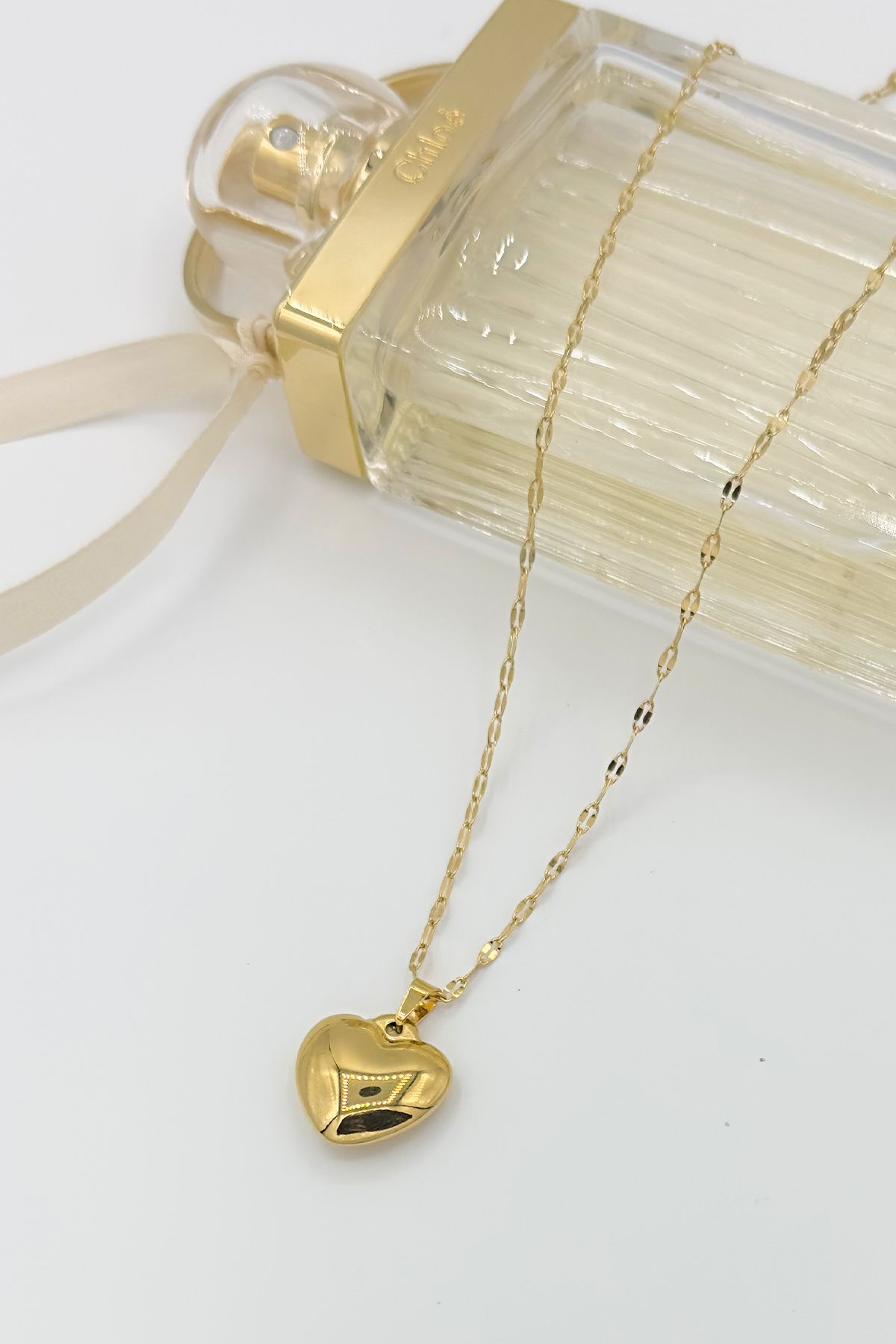 peony jewelry-Stainless Gold Steel Necklace - Full Heart with Bubble Paper Clip and Chain (2cm Heart) 1