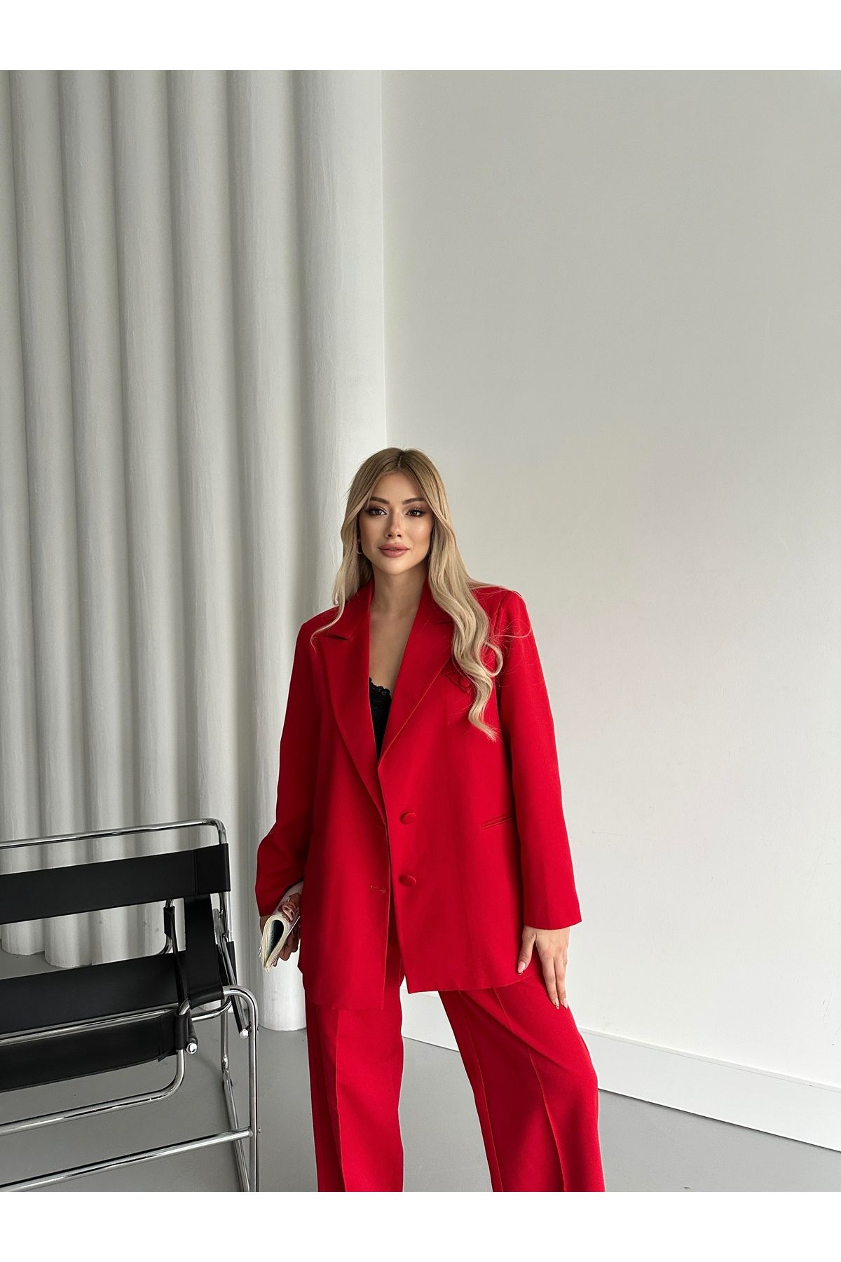 HOEK-Women's Red Button Detail Blazer Jacket Pants Suit 3