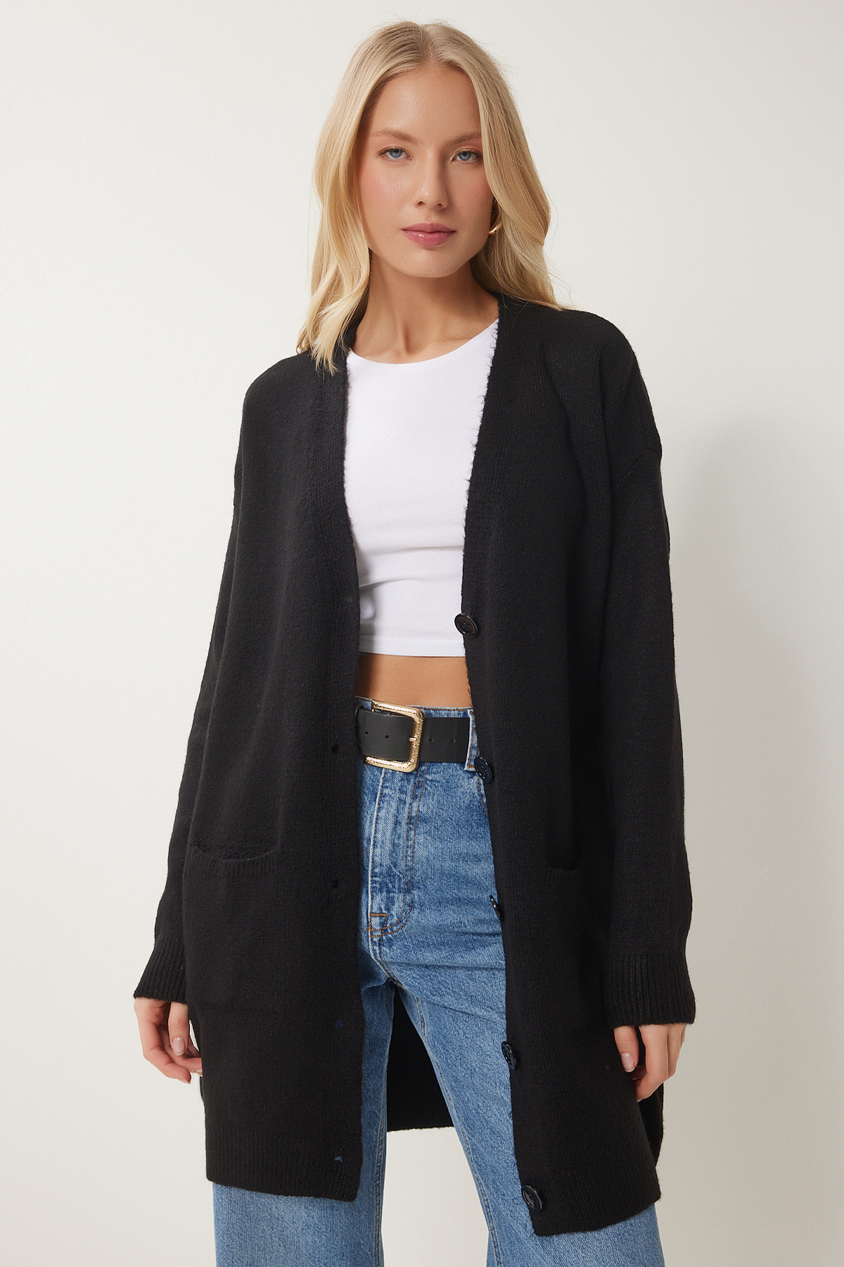 Happiness İstanbul-Schwarze Strickjacke mit V-Ausschnitt für Damen – Hİ00005 3