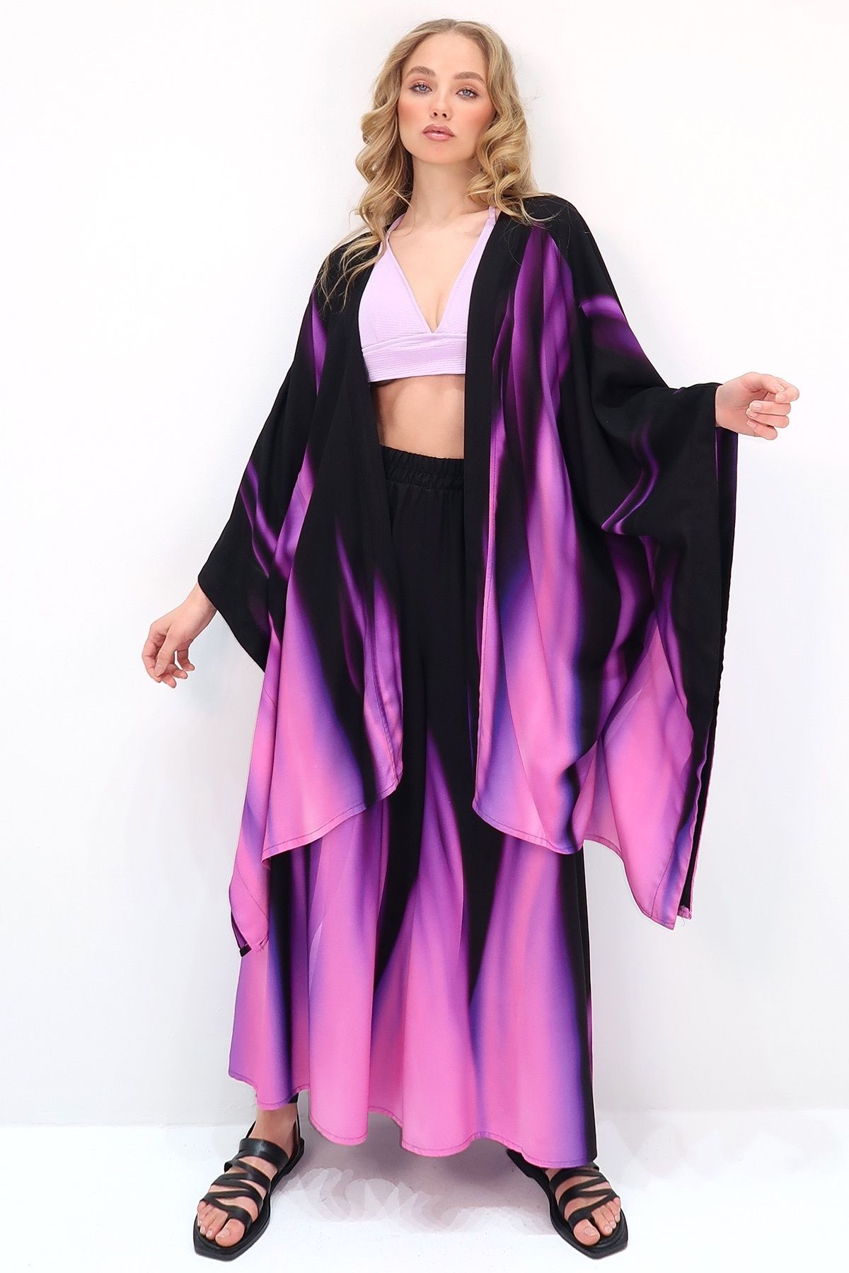 Trend Alaçatı Stili Fioletowy Oversize Kimono I Spódnica Spodnie Komplet - Alc-x13638 Kobieta - L