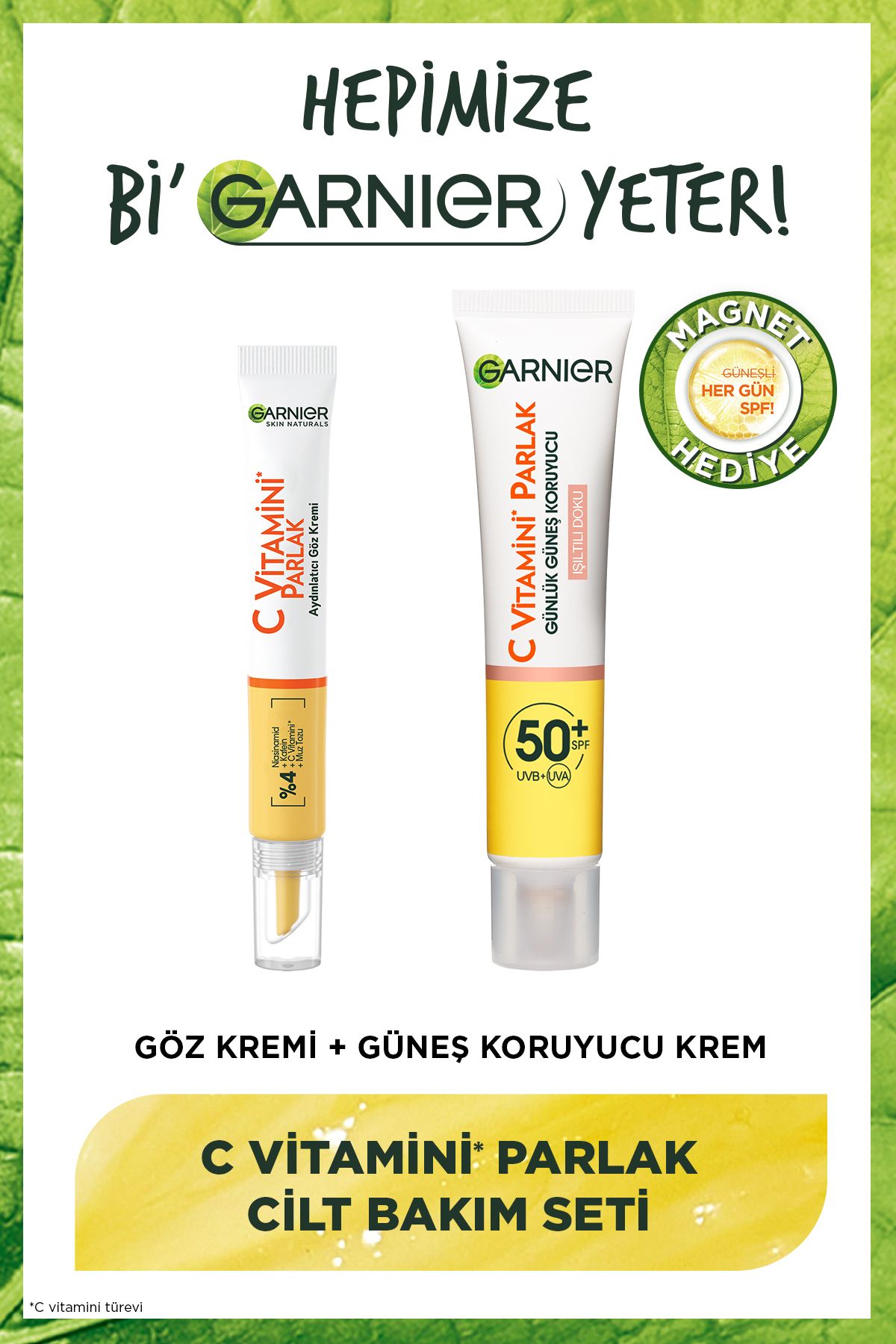 C Vitamini Aydınlatıcı Göz Kremi (Niasinamid + Kafein)+Işıltılı Doku Güneş Koruyucu Krem 50SPF UV UA