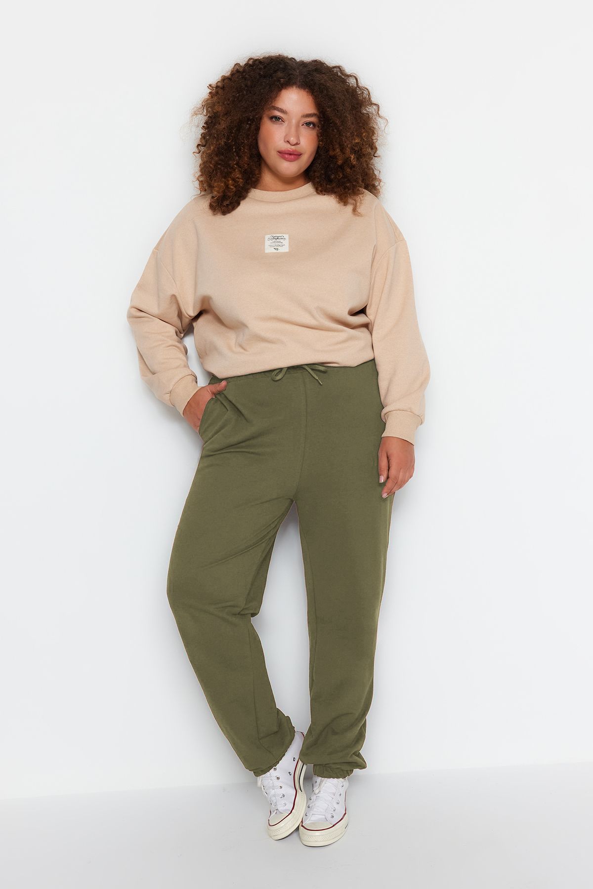 Trendyol Curve-Plus Size Light Khaki Jogger Sweatpants - Elastic Leg Tbbss22Ea0065 2