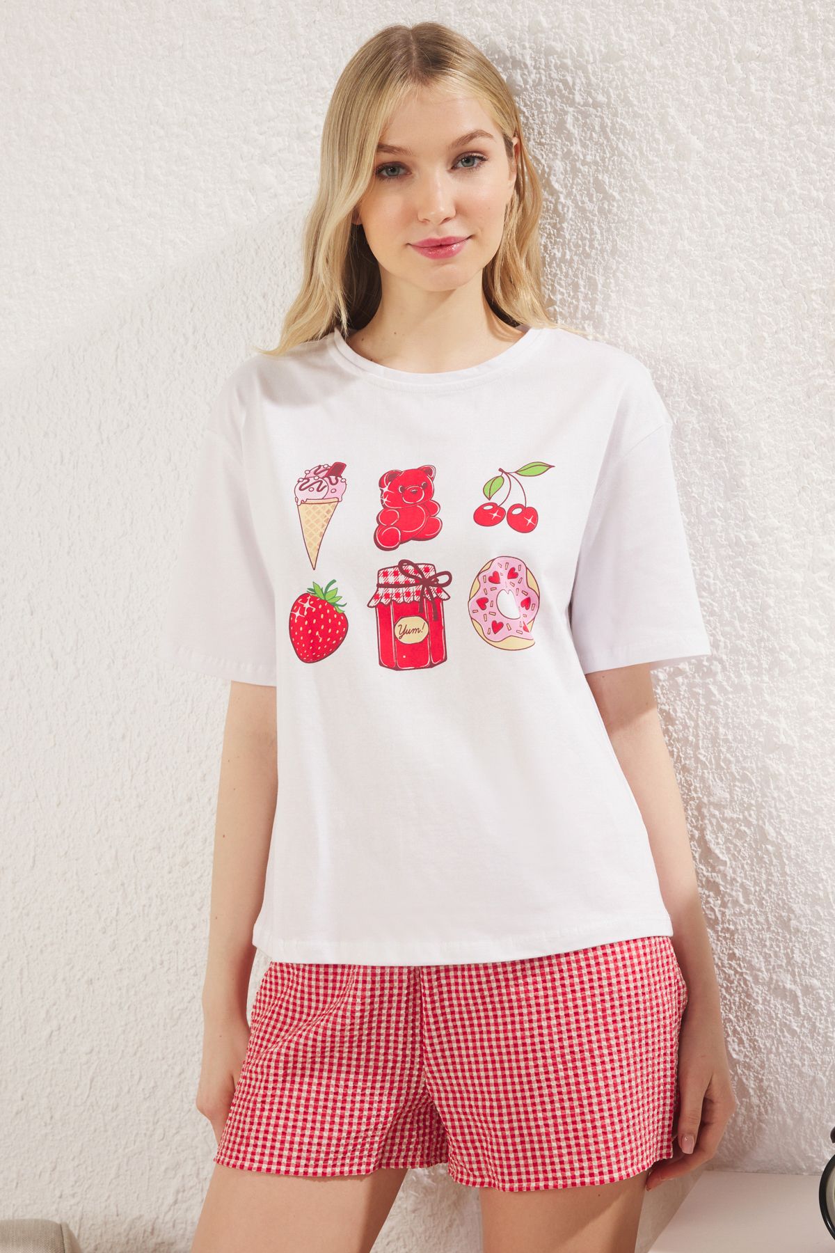 Trendyol Collection-Plaid Red-White and Check Single Jersey Shorts Pajama Set Thmss25Pt00202 3
