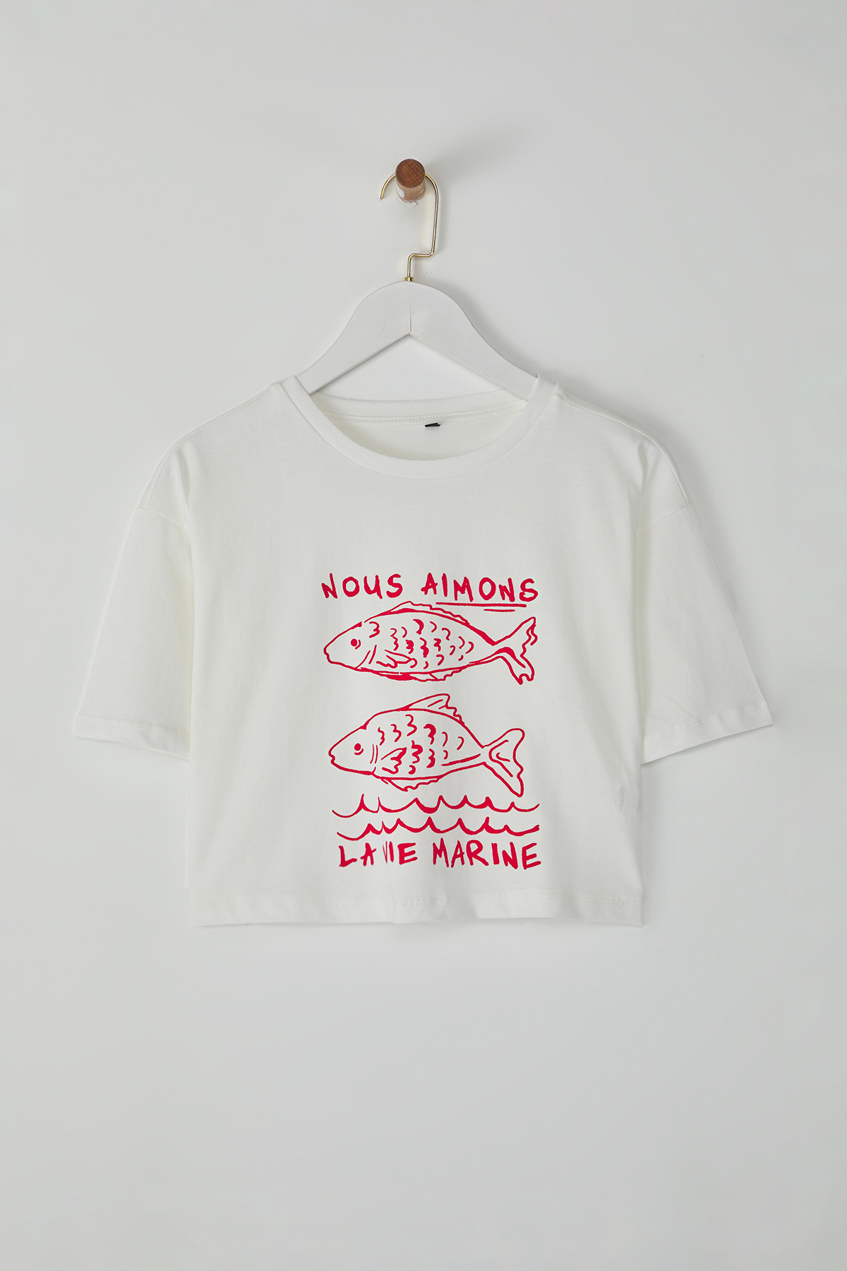 Trendyolmilla  Ekru %100 Kalın Pamuklu Relaxed/Rahat Kalıp Crop Baskılı Örme T-Shirt TWOSS25TS00080 - Görsel 6