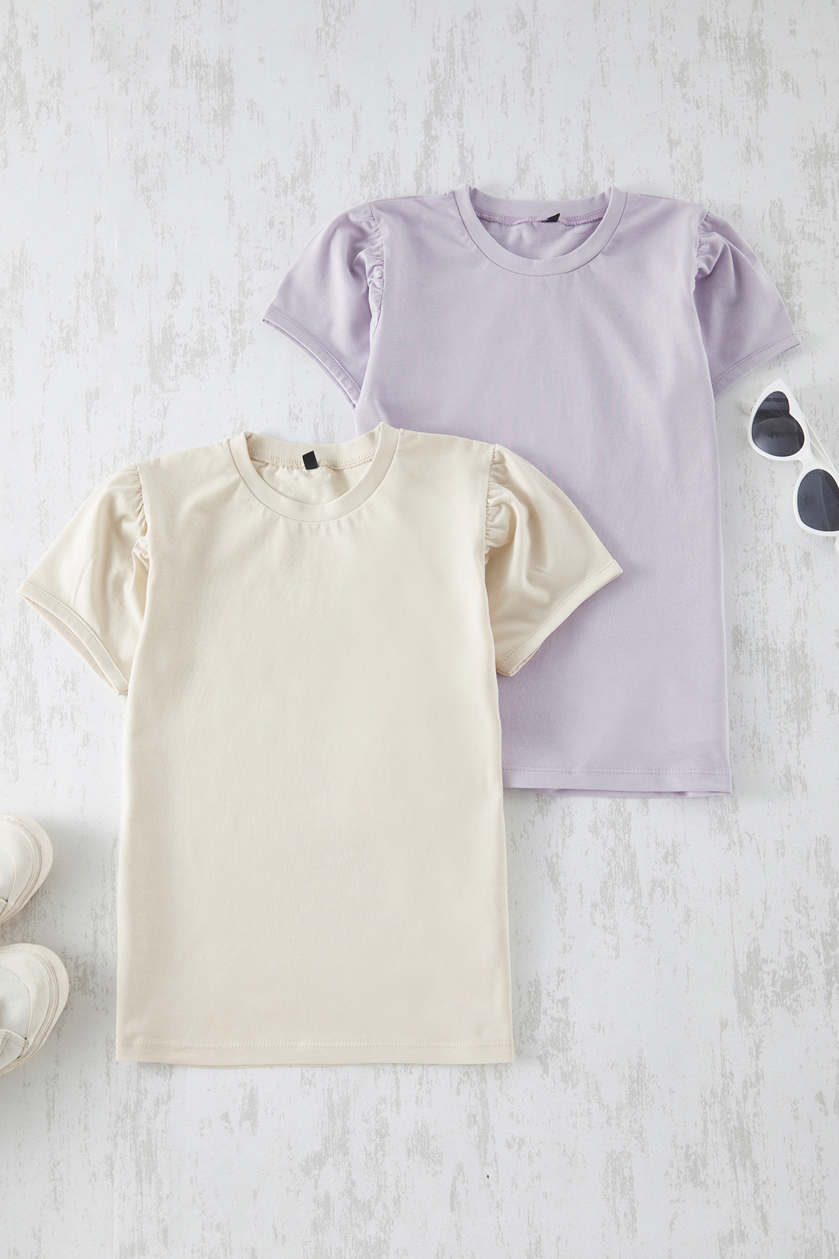 Trendyolmilla Kids Lila-Taş 2'li Kız Çocuk Regular/Normal Kalıp Balon Kol Örme T-Shirt TKDSS25TS00056