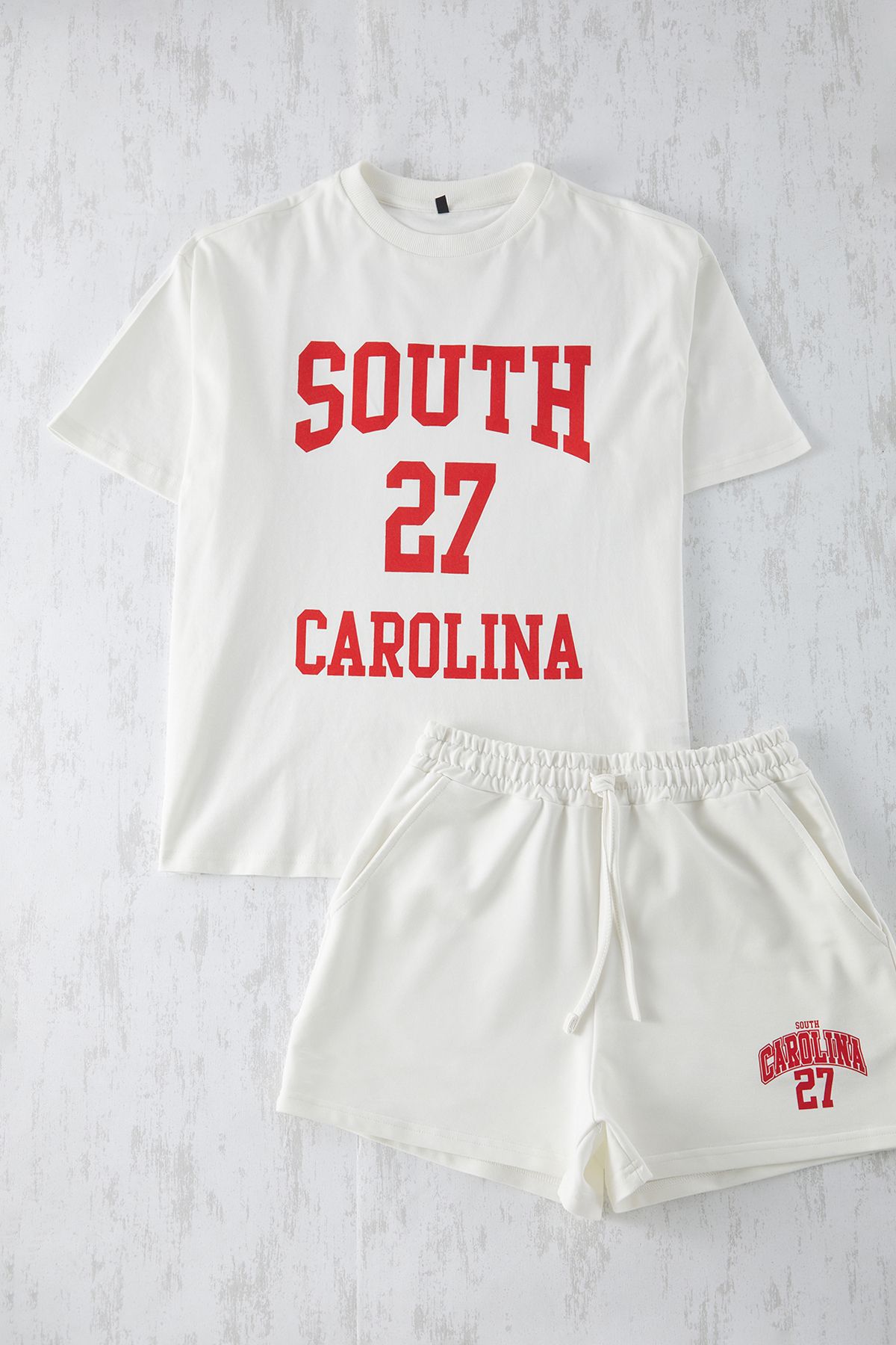 Trendyol Collection-100% Cotton Ecru Slogan Oversize Top and Short Shorts Set - Twoss25Au00039 5