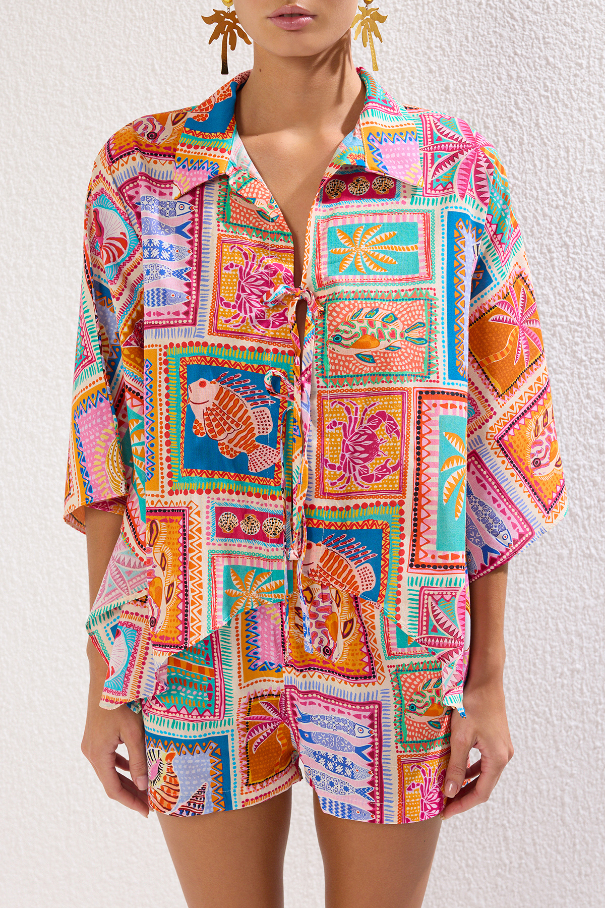 Trendyolmilla  Plaj Giyim %100 Pamuk Tropikal Desenli Dokuma Gömlek-Şort Takım TBESS25AU00033 - Görsel 3