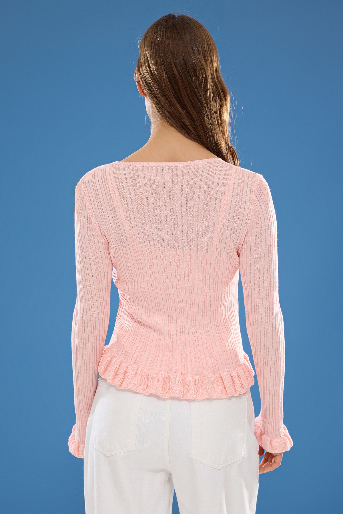 Trendyol Collection-Ruffled Pink Rose Knitwear Cardigan - Twoss25Hi00002 5