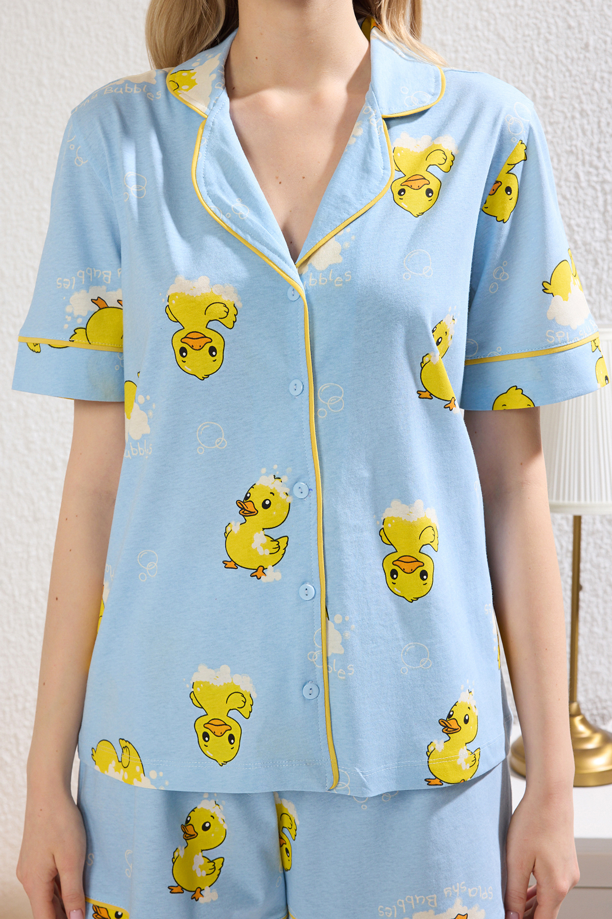 Trendyolmilla  Mavi %100 Pamuklu Ördek Desenli Biyeli Şortlu Örme Pijama Takımı THMSS25PT00300 - Görsel 4