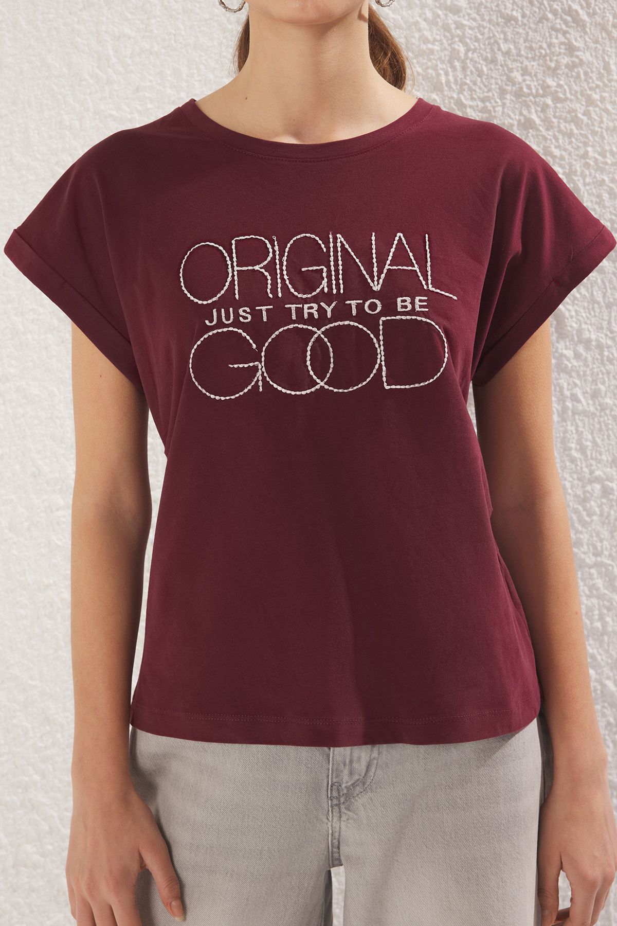 Trendyol Collection-Burgundy Embroidered Slogan T-Shirt - Fitted, Knitted Twoss25Ts00129 3