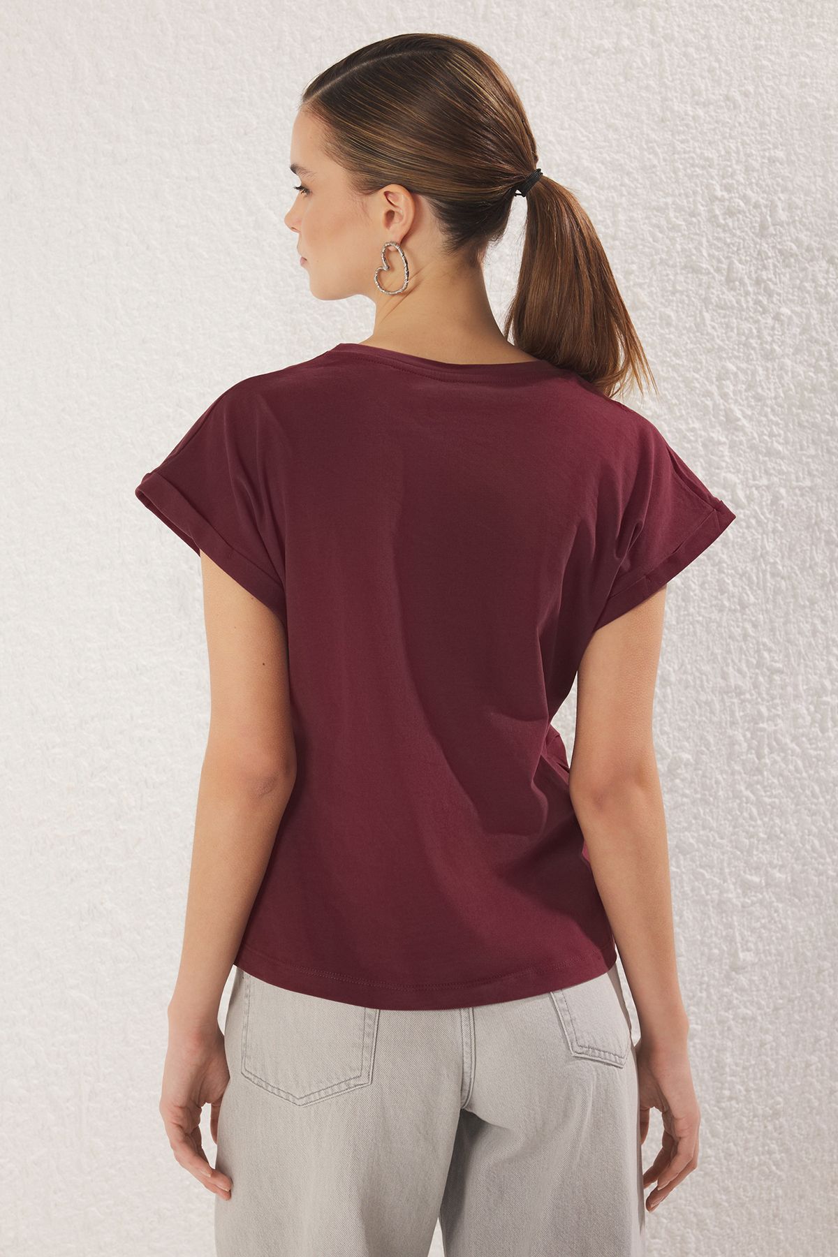 Trendyol Collection-Burgundy Embroidered Slogan T-Shirt - Fitted, Knitted Twoss25Ts00129 5