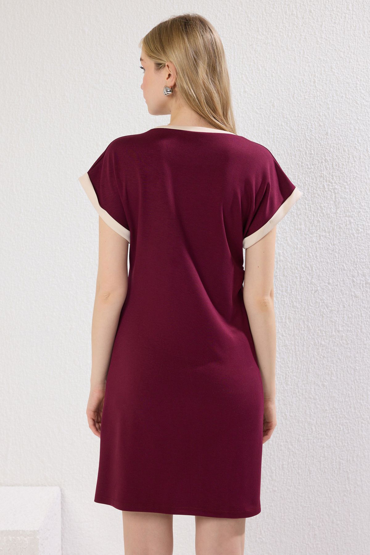 Trendyol Collection-Burgundy Color Block Shift/Straight Cut Mini Knitted Dress Twoss25El00589 4