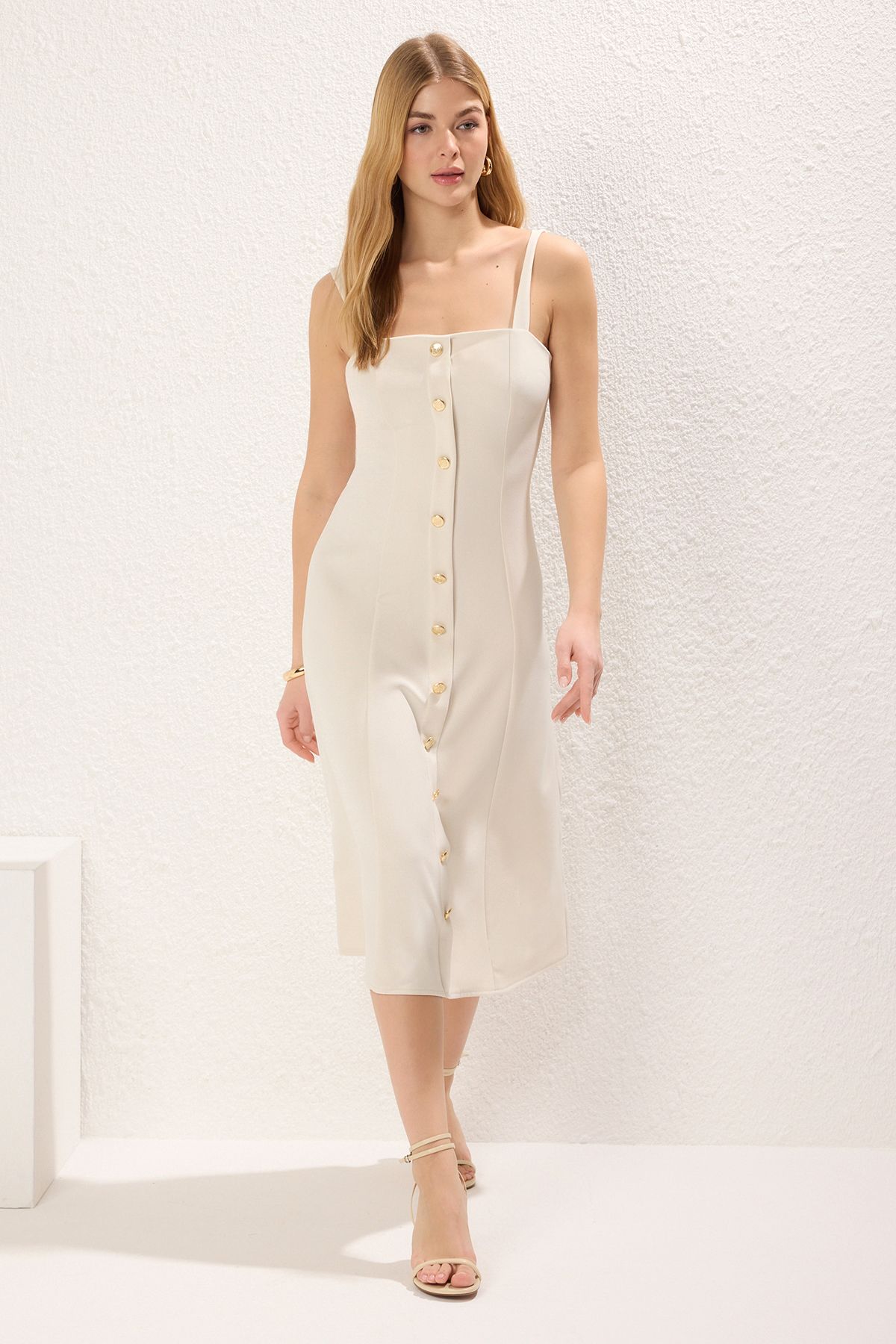 Trendyol Collection-Rochie midi țesută în linie A, ecru, uni TWOSS25EL00287 3