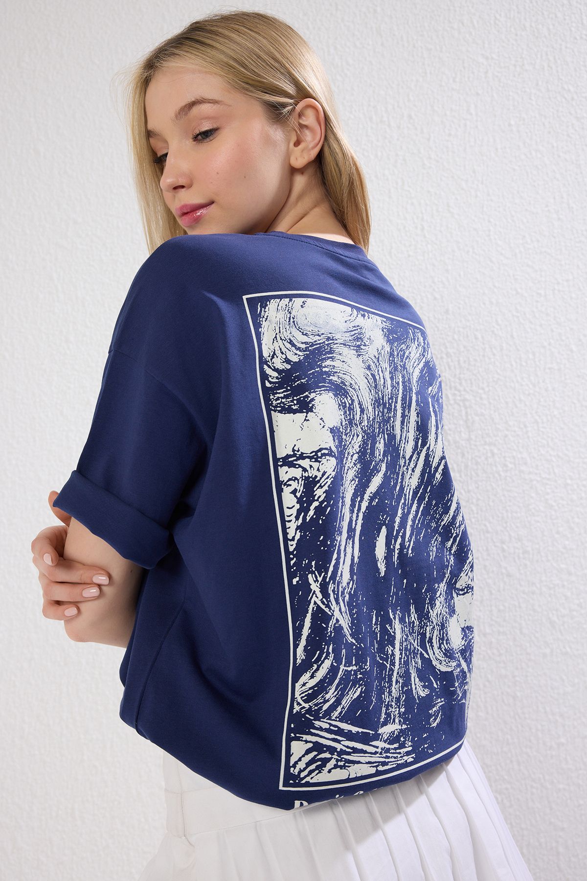 Trendyol Collection Navy Oversize Knitted T-Shirt - 100% Cotton, Back and Front Print, Relaxed Fit Twoss24Ts00234