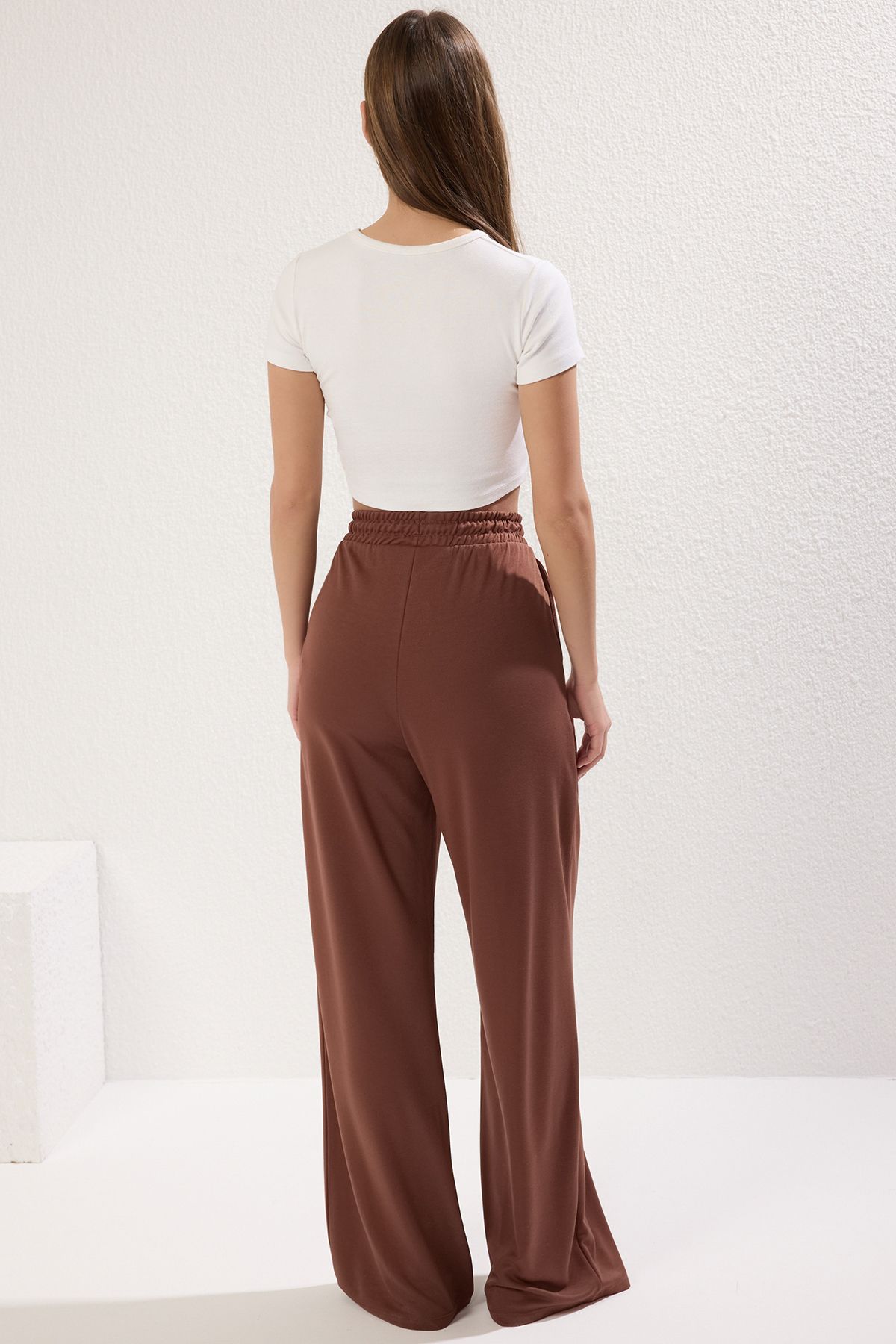 Trendyol Collection-Brown Wide Leg Elastic High Waist Stretchy Soft Knitted Pants Twoss25Pl00058 4