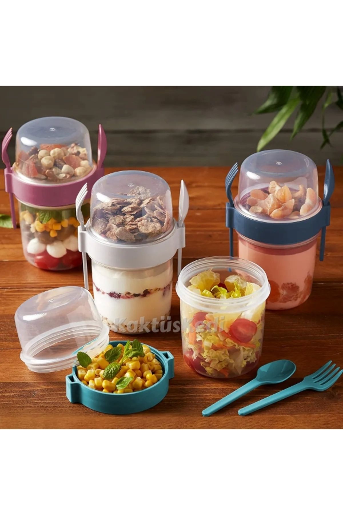 Leony-Snack Food Yogurt Muesli Granola Diet Container with 2 Fork Spoons - Food Storage Container 2