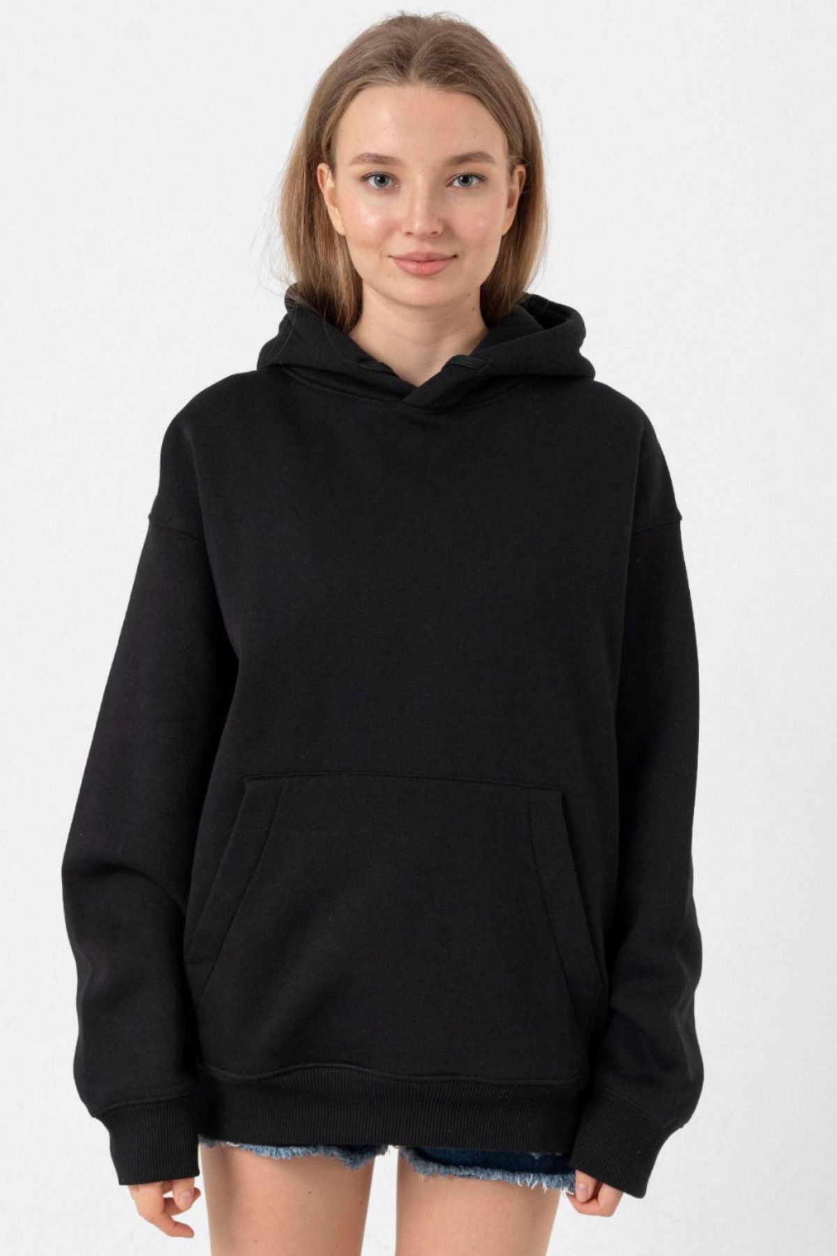 Tshirthane-Women's Black Kangaroo Pocket Basic Hoodie 1