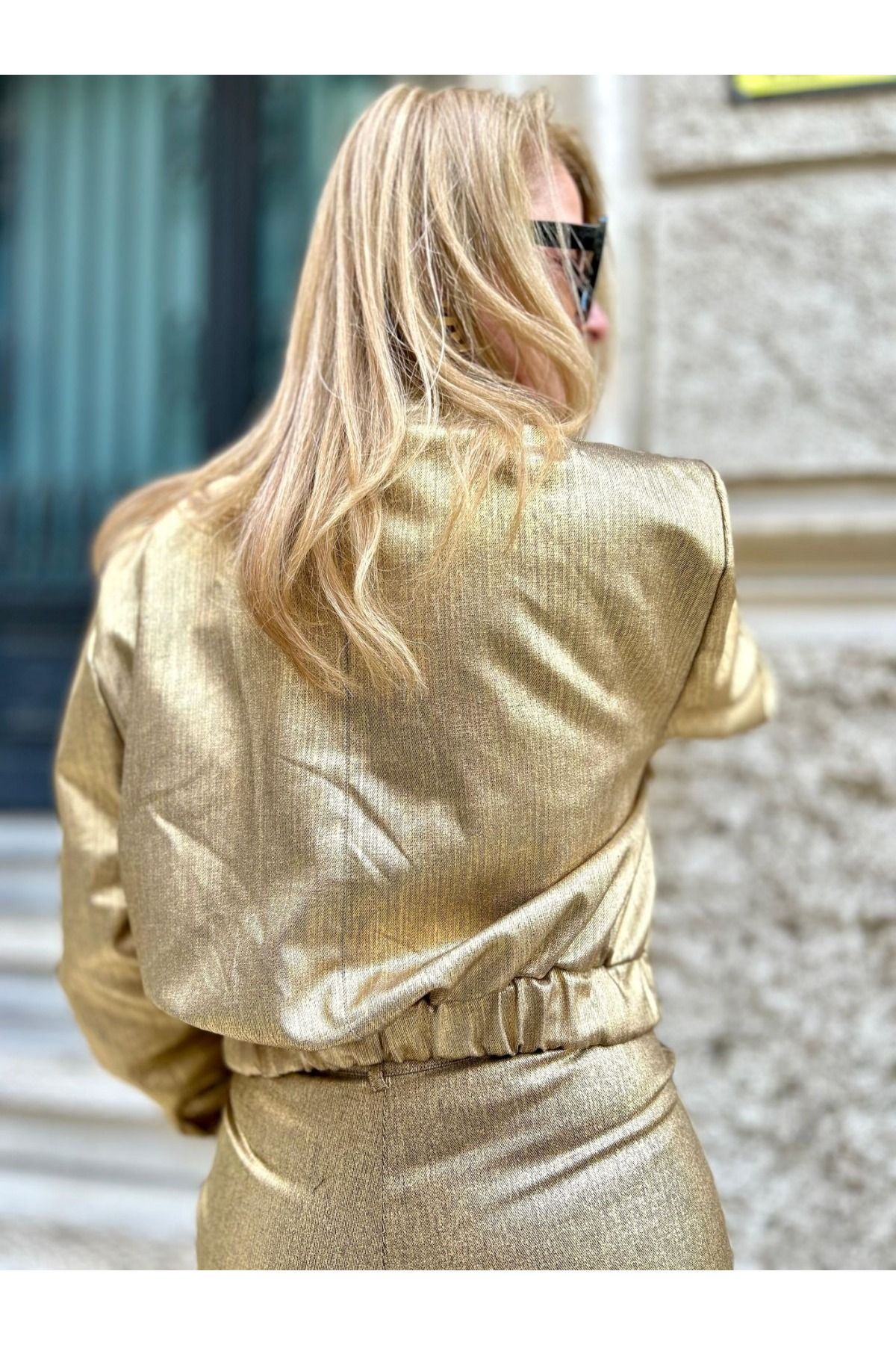 MONAMORE-Style Unico Gold Leaf Plated Gabardine Elastic Waist Large Pocket Bomber Jacket 4