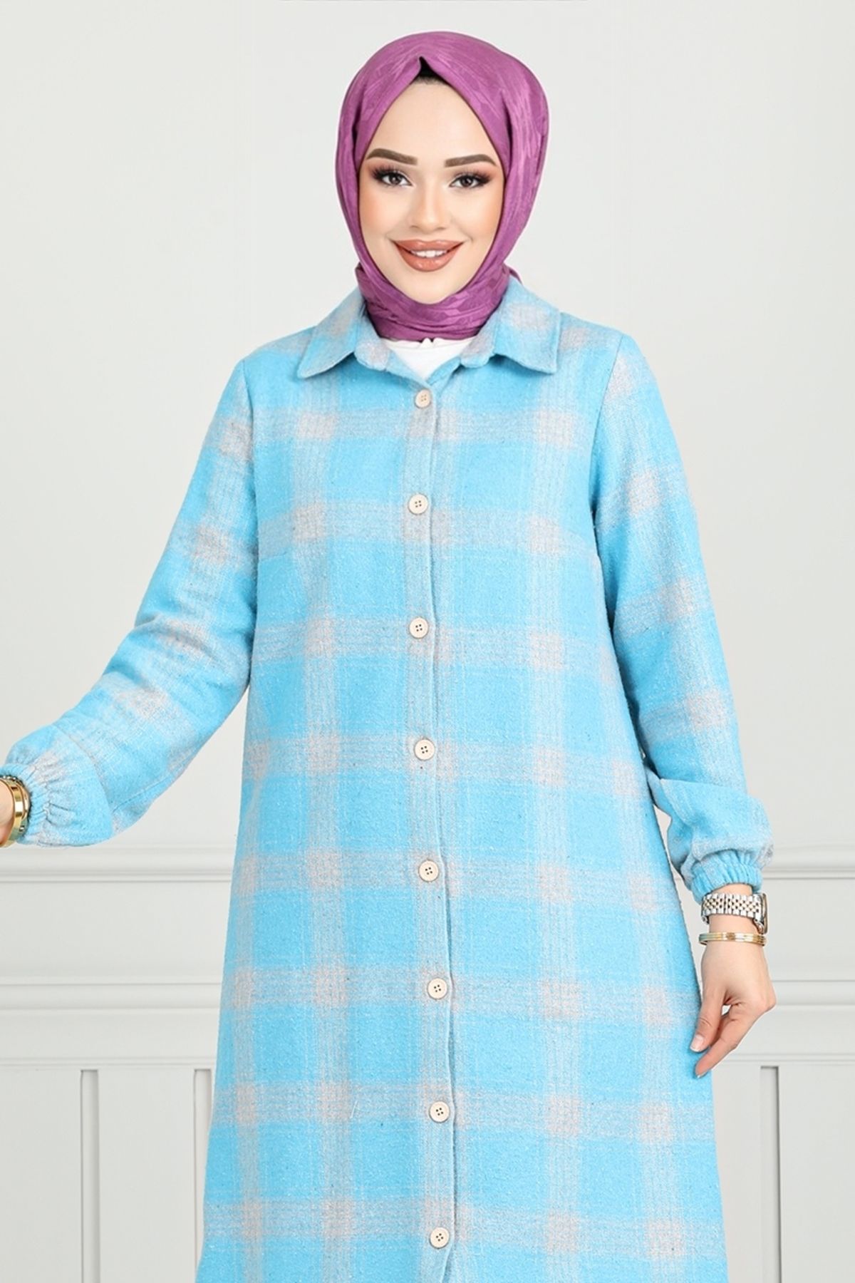 ModaMerve-Blue Plaid Tunic 4446Ktr927-M - Front Button 4