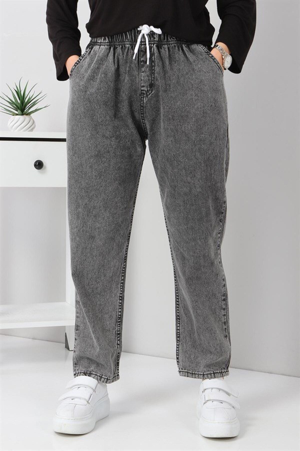 ModaMerve-Gray Boyfriend Style Jeans with Elastic Waist - Mi̇h5998 2