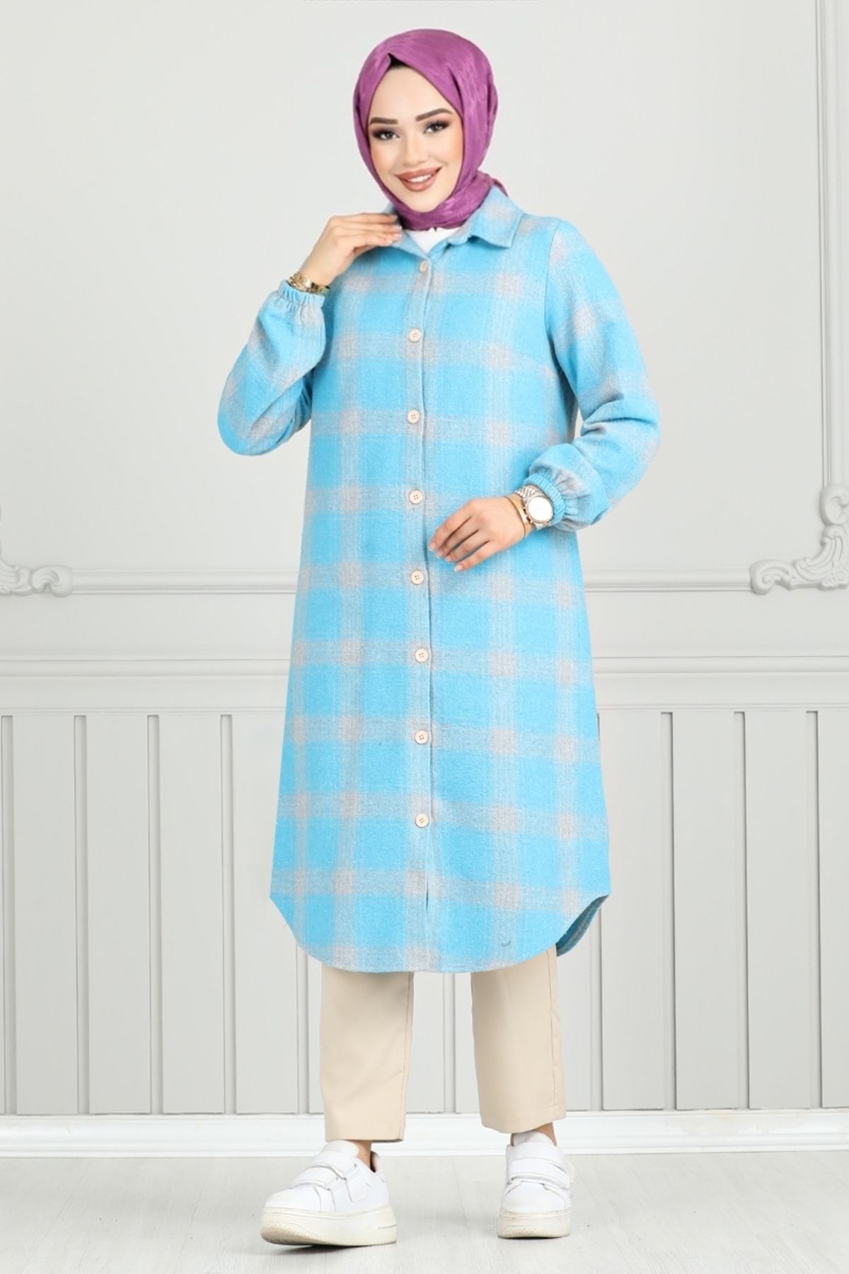 ModaMerve-Blue Plaid Tunic 4446Ktr927-M - Front Button 3