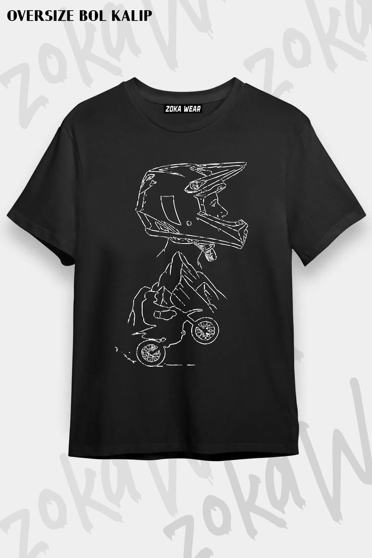 ZOKAWEAR Unisex Oversize Kalıp Motorcu Kask Çizim Baskı Tasarım Baskılı Tshirt