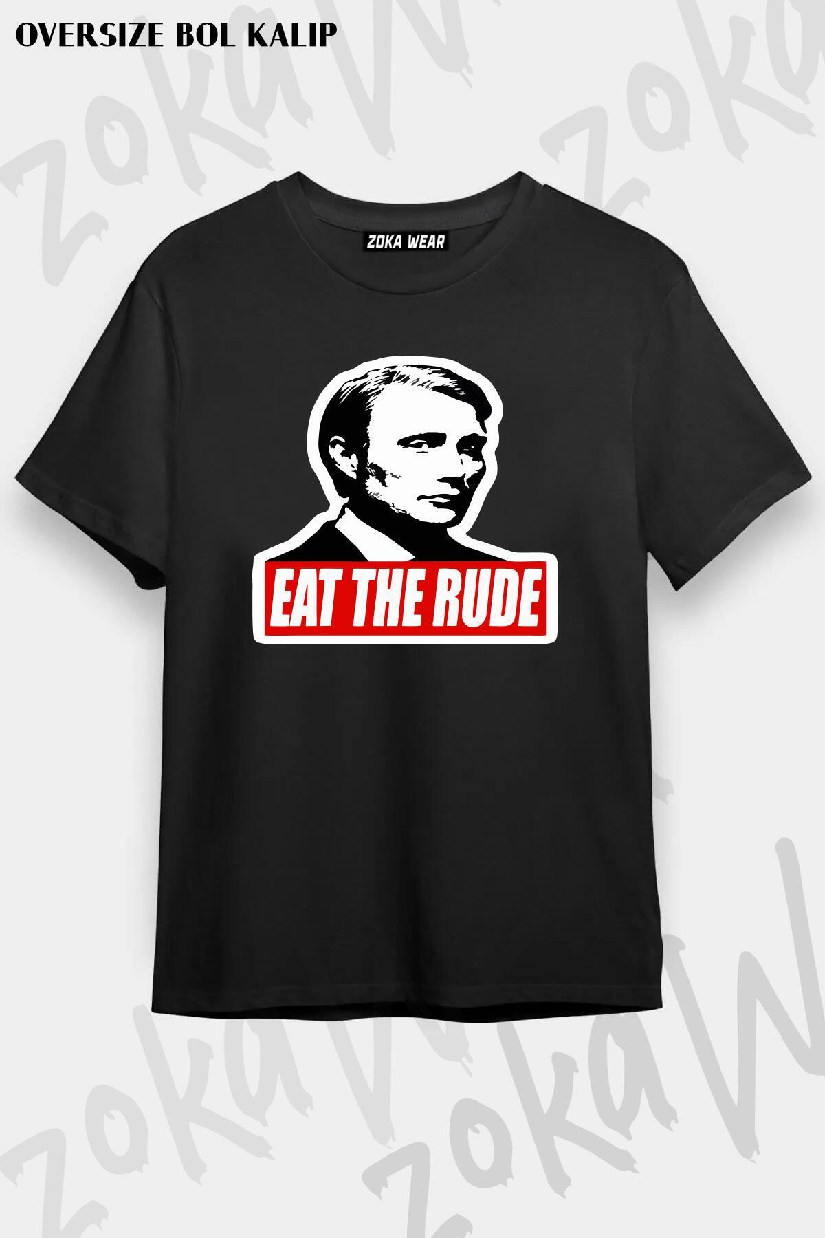 ZOKAWEAR Unisex Oversize Kalıp Hannibal Eat Rude Tasarım Baskılı Tshirt