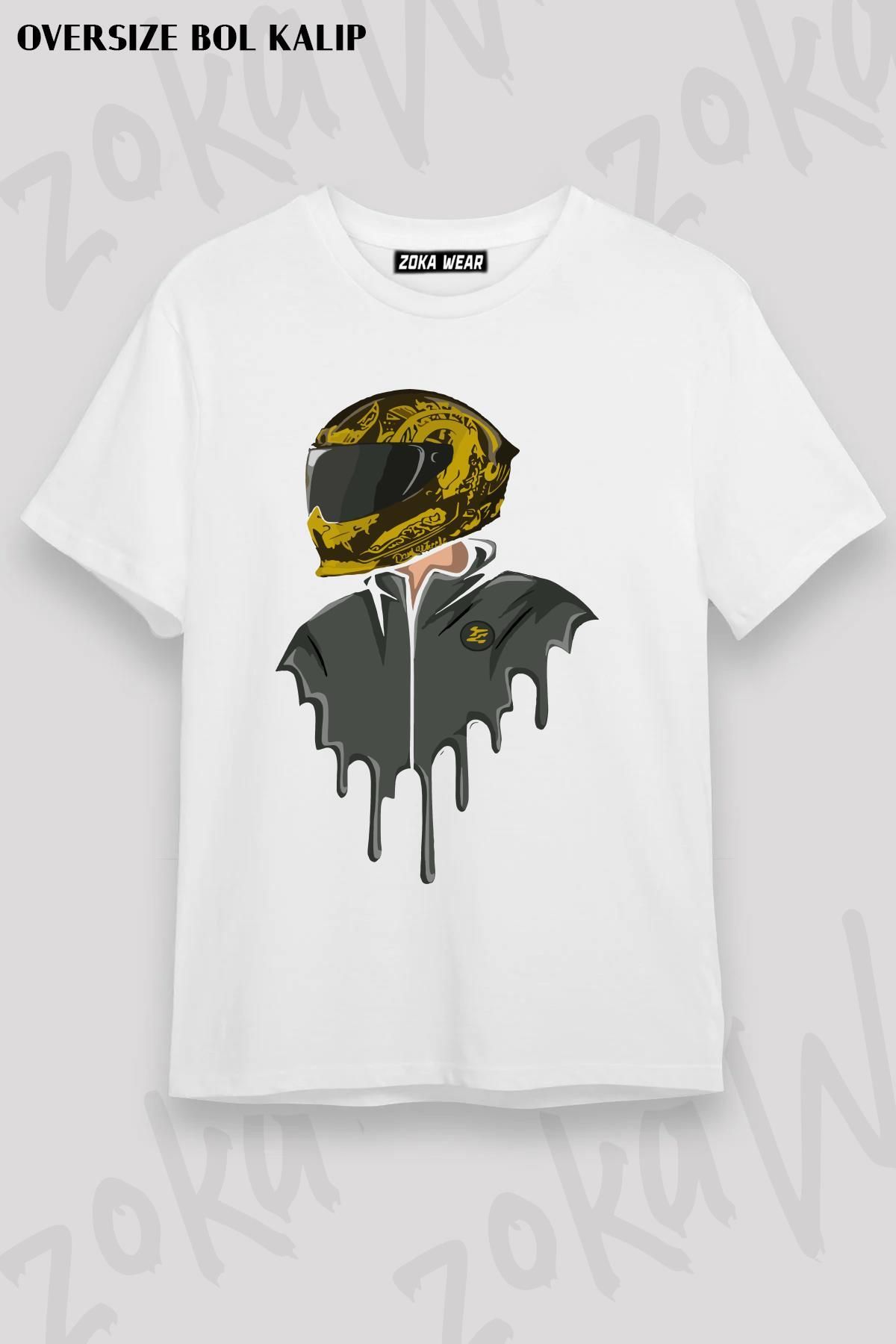 ZOKAWEAR Unisex Oversize Kalıp Motorcu Kask Tasarım Baskılı Tshirt