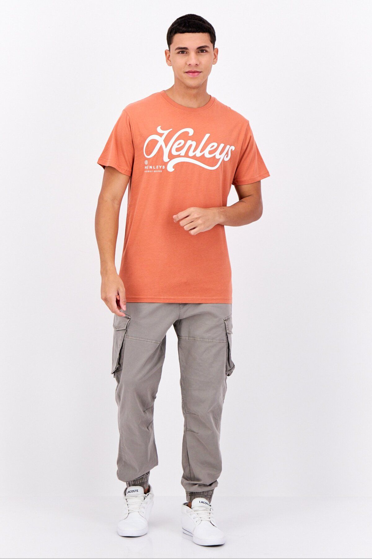 Henleys-Men Crew Neck Short Sleeves Brand Logo T-shirt, Coral 4