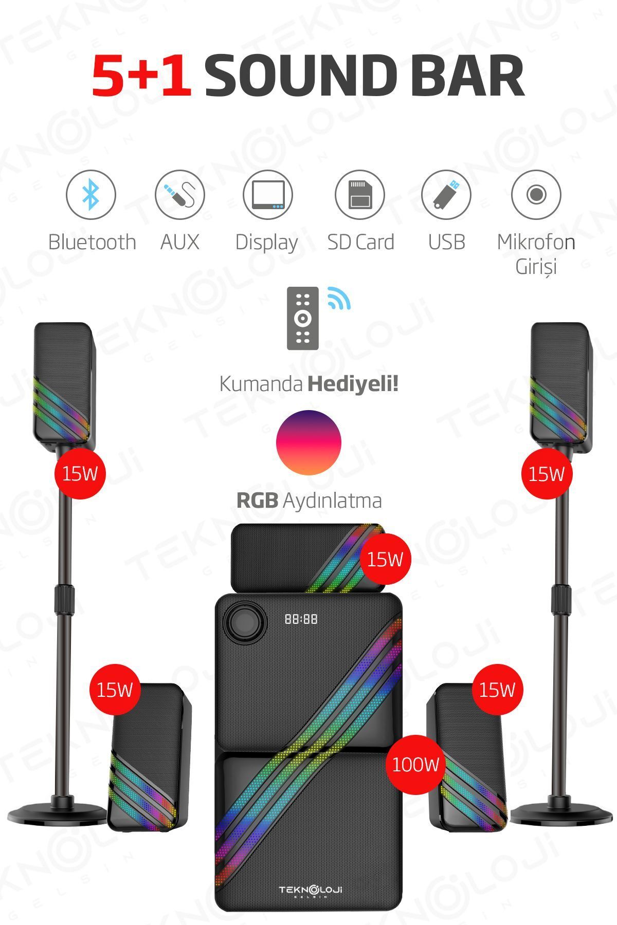 HP-TV03 5+1 Soundbar Ev Sinema Sistemi Stereo Hd Ses Rgb Kablolu 100 Watt AMFİ 15WX5 SOUNDBAR