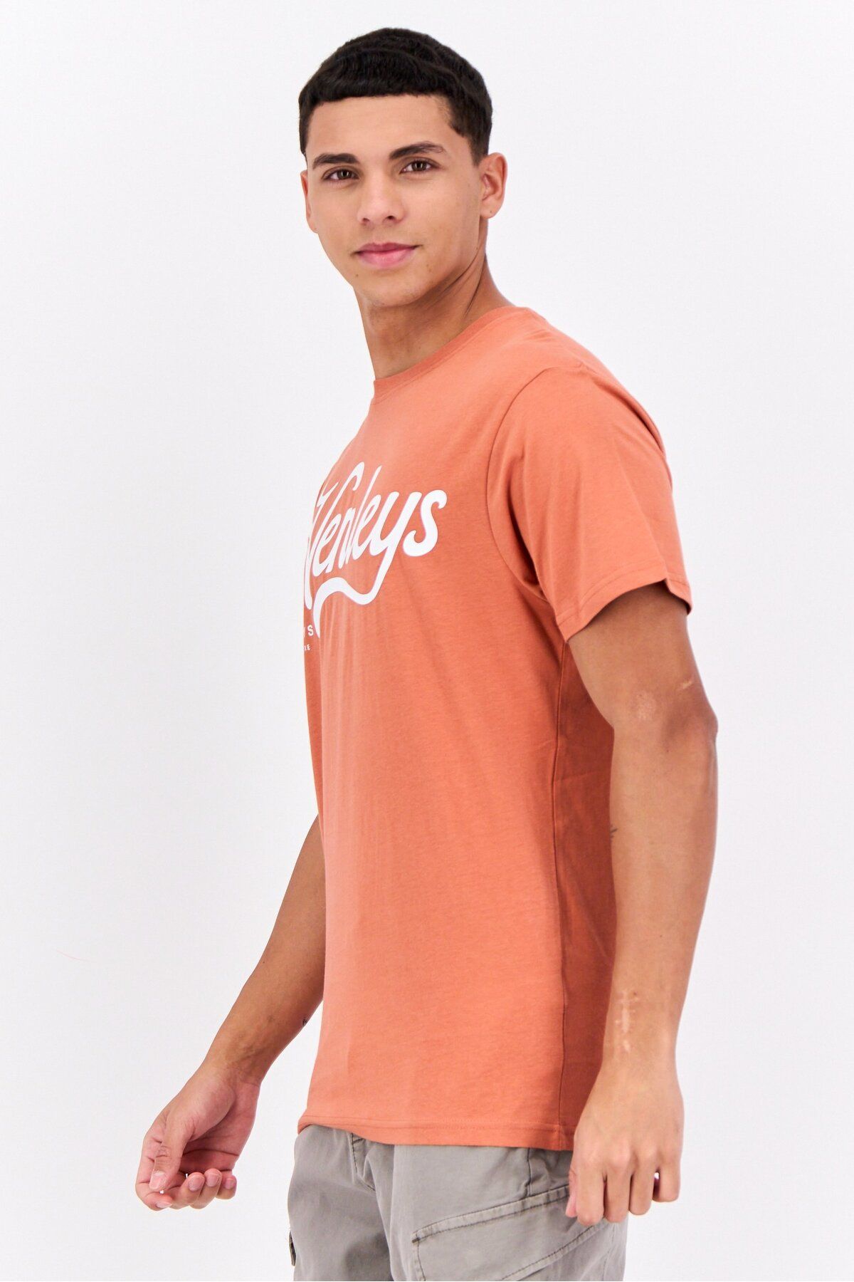 Henleys-Men Crew Neck Short Sleeves Brand Logo T-shirt, Coral 2
