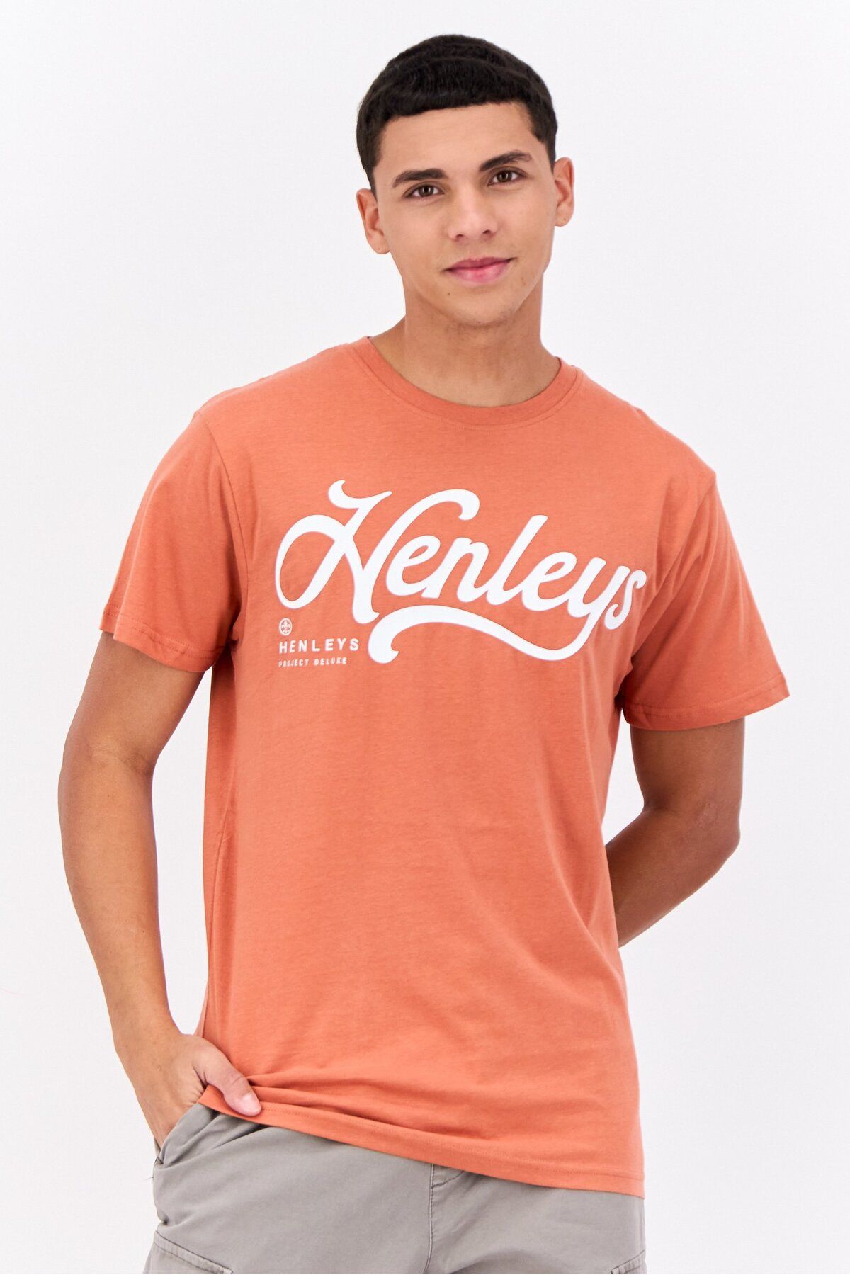 Henleys-Men Crew Neck Short Sleeves Brand Logo T-shirt, Coral 1