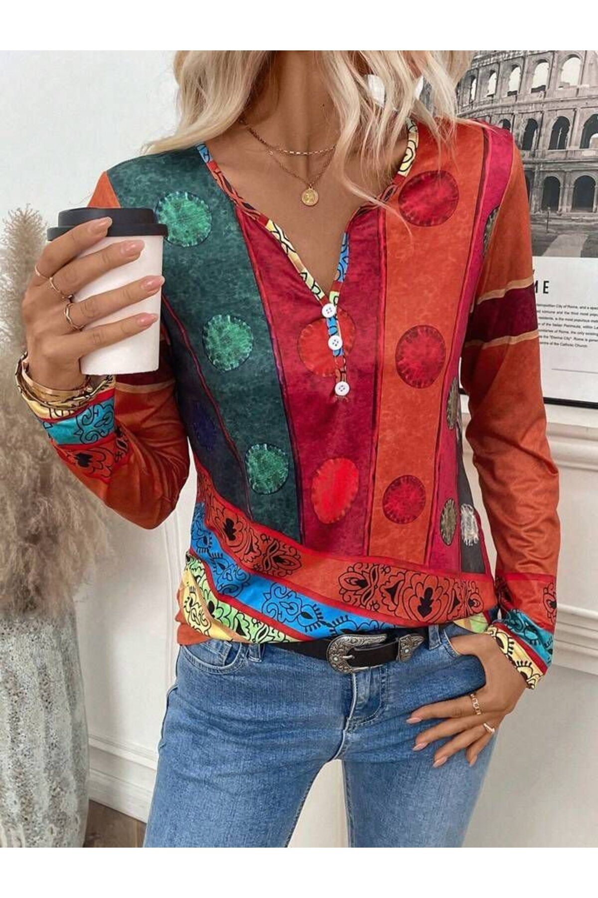 velmorafashion Kadın Uzun Kollu V Yakalı çok Renkli Süprem Bluz