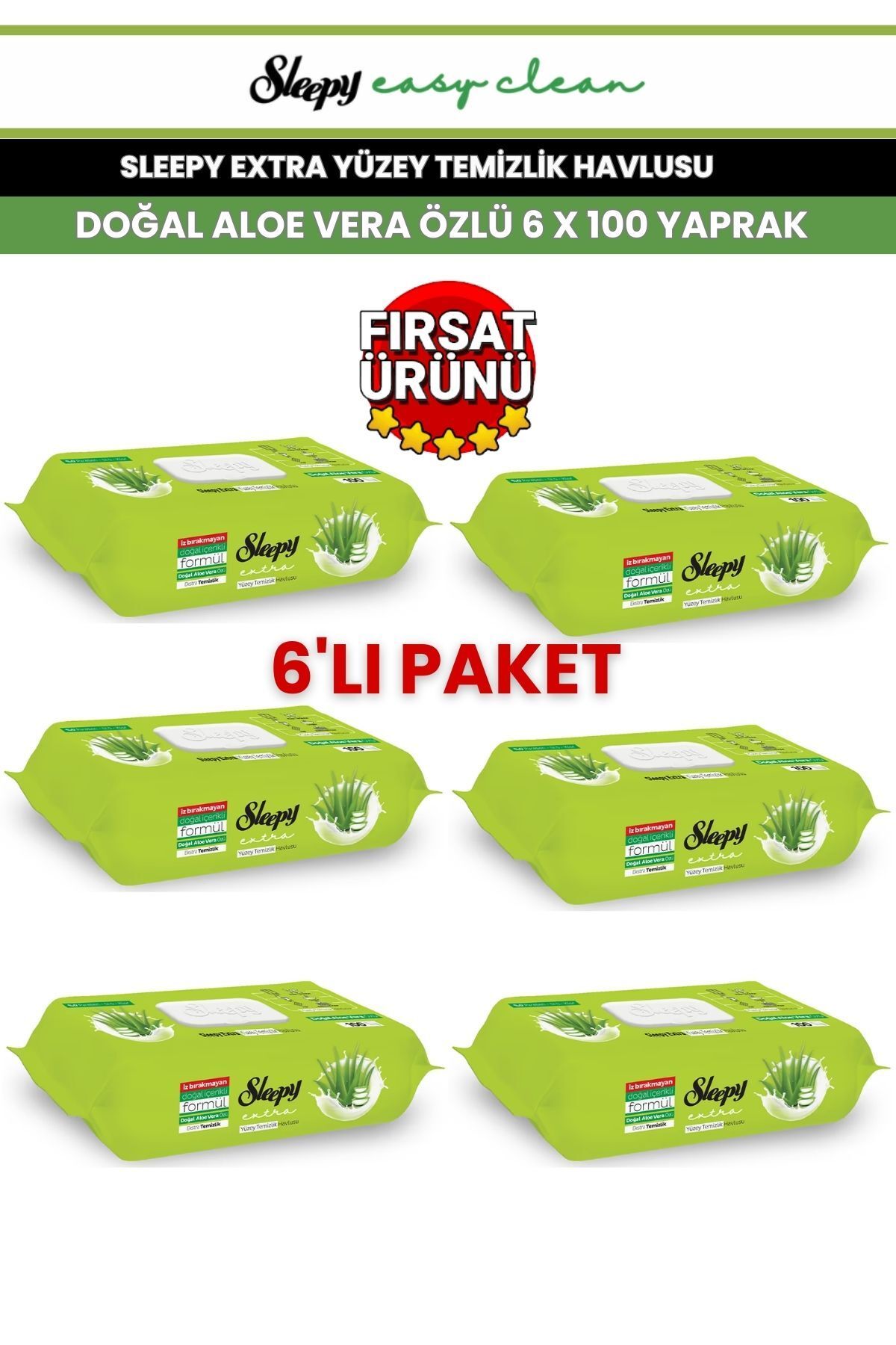 Sleepy Extra Yüzey Temizlik Havlusu Doğal Aloe Vera Özlü 6x100 Yaprak