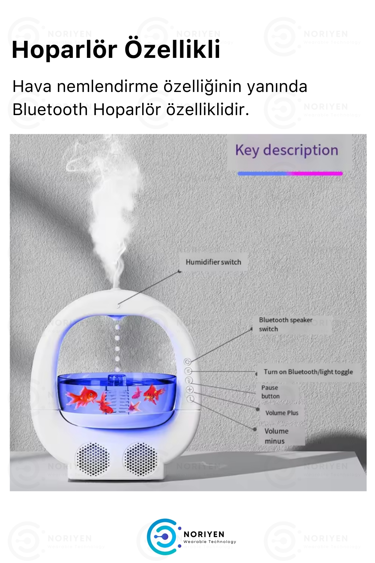 Akvaryumlu Balık Tanklı Bluetooth Hoparlörlü Hava Nemlendiricisi Işıklı Buhar Makinesi Aroma Difüzör