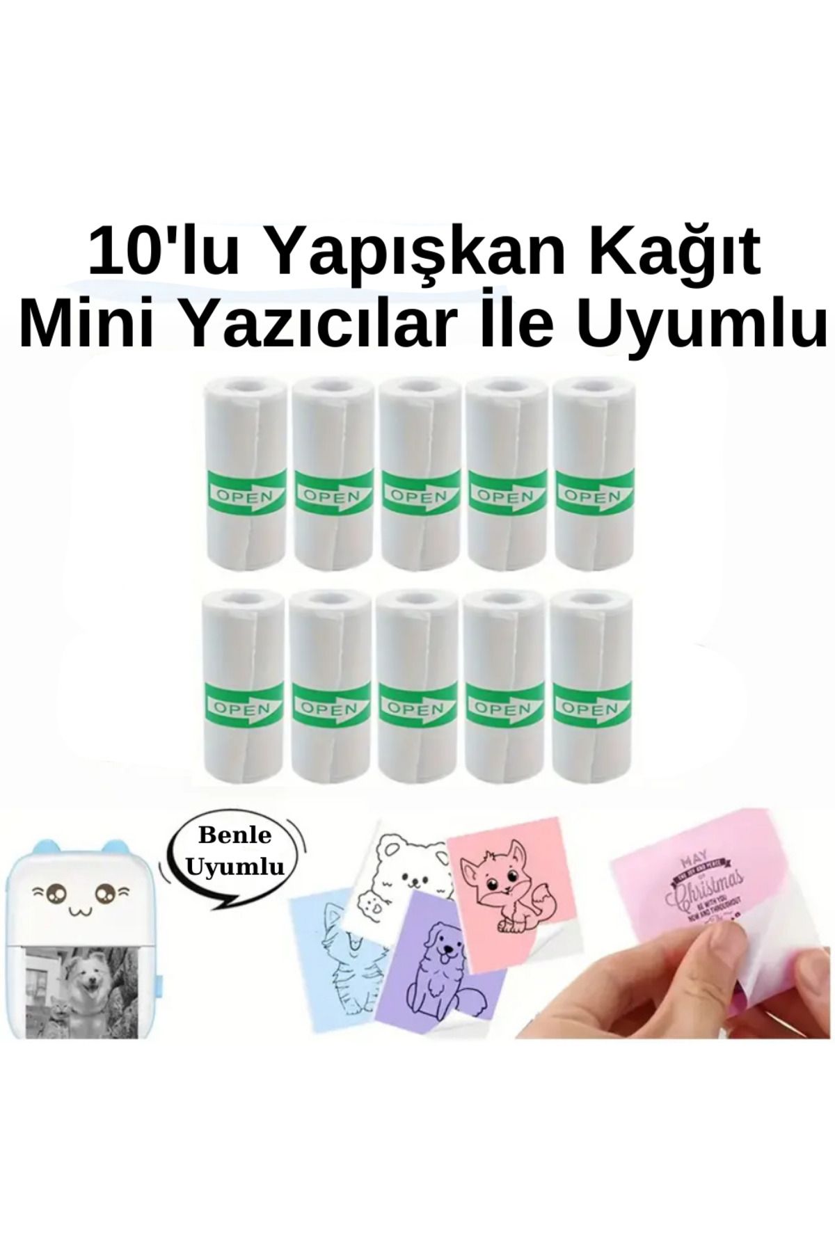 Asimmim Mini Yazıcı Ile Uyumlu 10'lu Yapışkanlı Rulo Termal Pos Kağıdı Termal Yazıcılar Ile Uyumlu