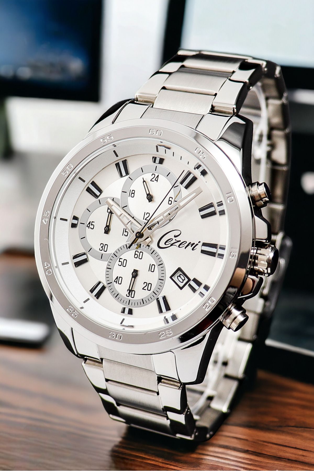 Cezeri-men's White Silver Wristwatch - with Calendar and Chronometer 4