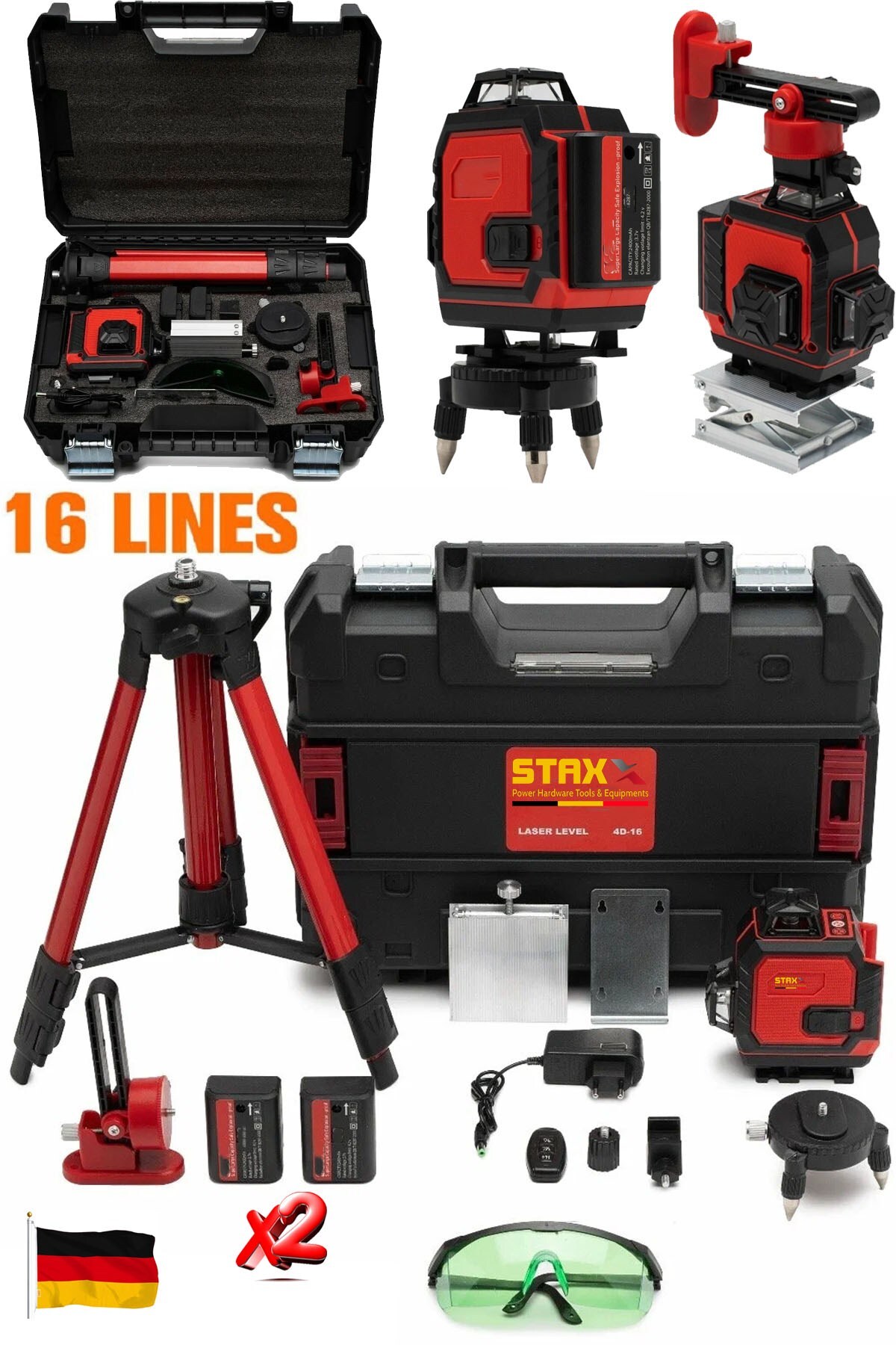 STAXX POWER X2 Çift Akülü 360° Yeşil Çizgi Lazer Hizalama – Tripotlu Uzaktan Kumandalı Tam Set RED990