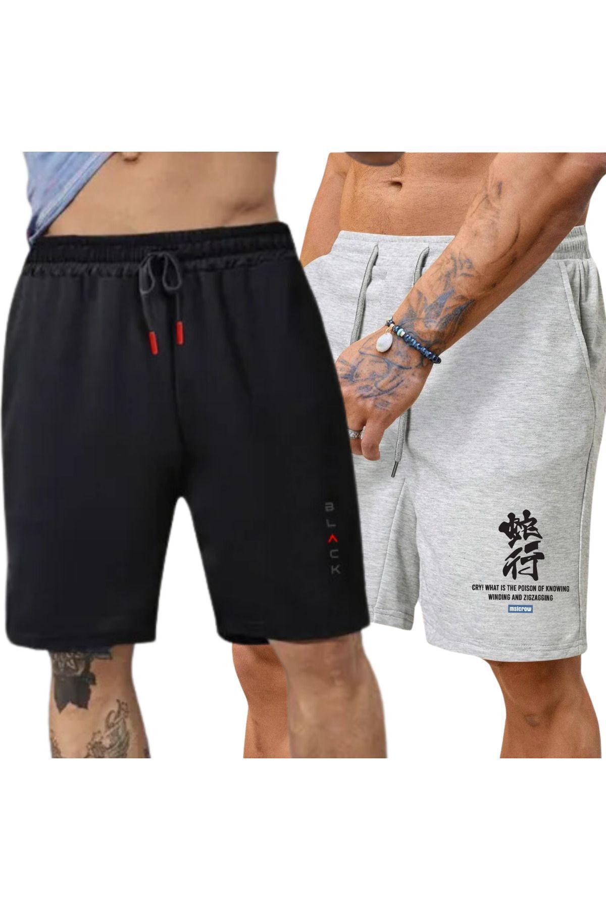 Erkek Siyah Gri Penye Şort İkili Set Basketbol Futbol Fitness Spor Egzersizi Koşu Bermuda